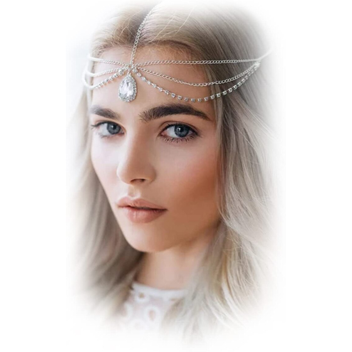 Anglacesmade Bohemian Head Chain Crystal Teardrop Forehead Chain Rhinestone Headpiece Wedding Prom Party Festival Hair Jewelry For Women (Silver)