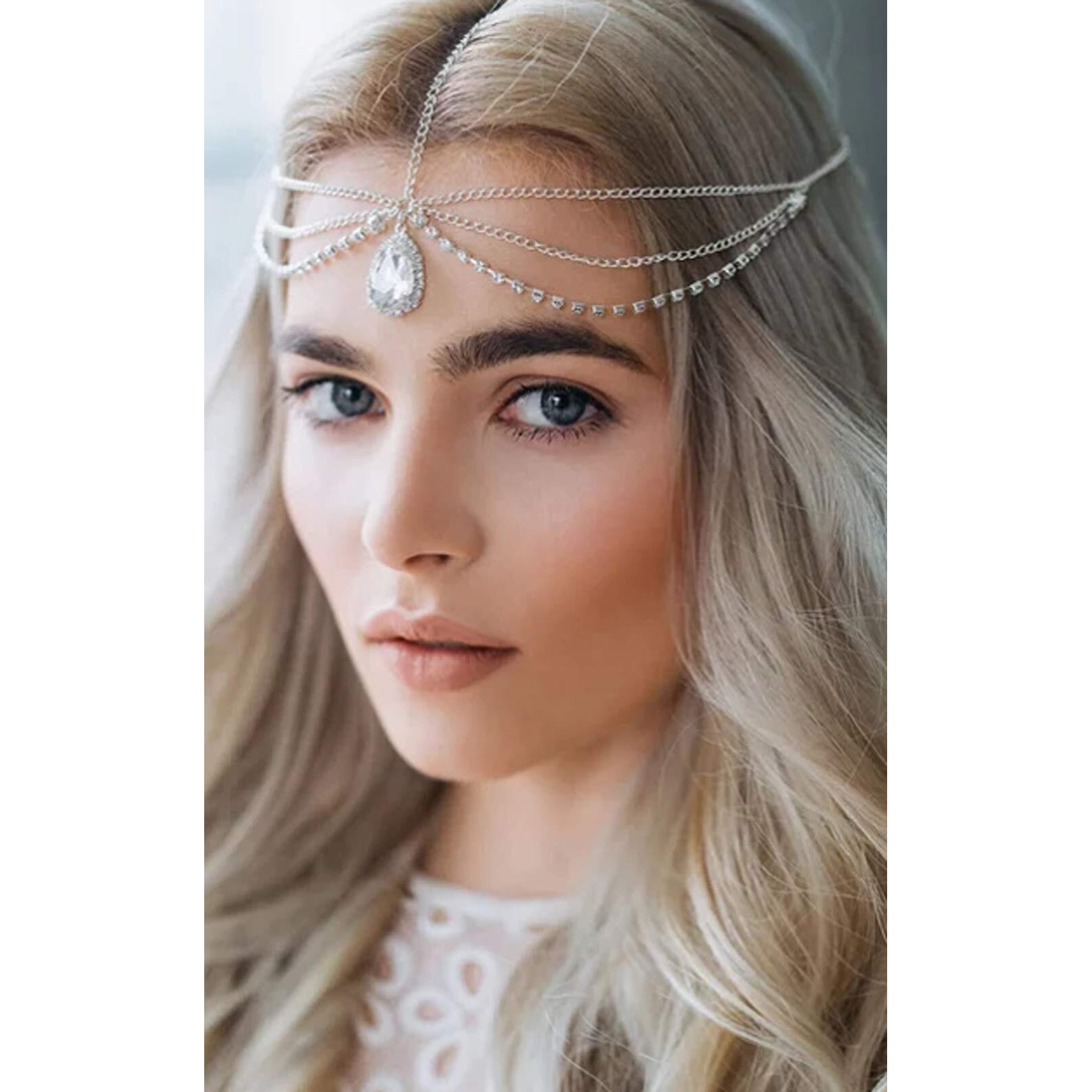 Anglacesmade Bohemian Head Chain Crystal Teardrop Forehead Chain Rhinestone Headpiece Wedding Prom Party Festival Hair Jewelry For Women (Silver)