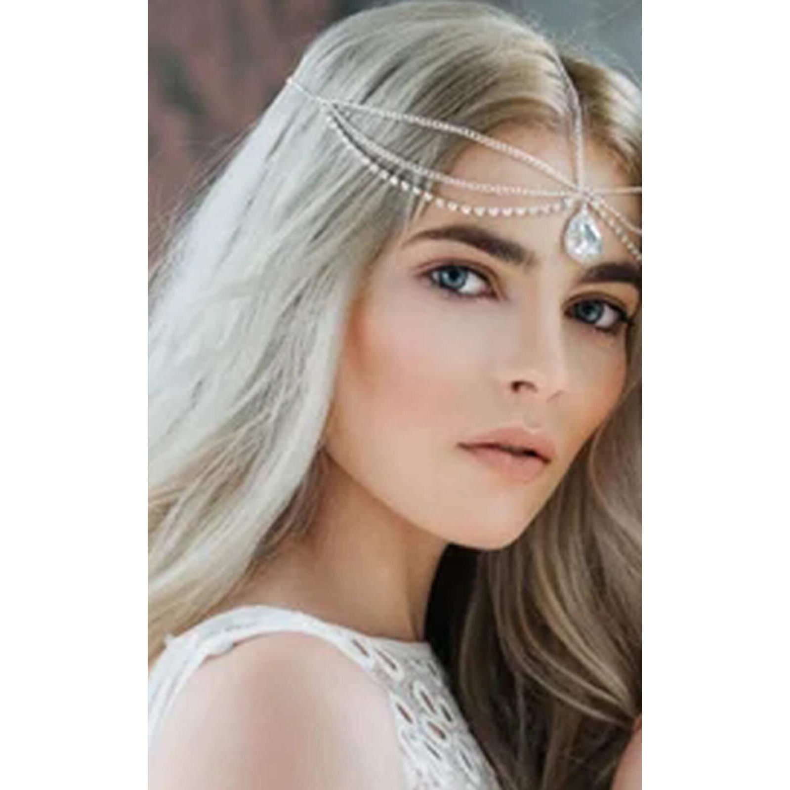 Anglacesmade Bohemian Head Chain Crystal Teardrop Forehead Chain Rhinestone Headpiece Wedding Prom Party Festival Hair Jewelry For Women (Silver)