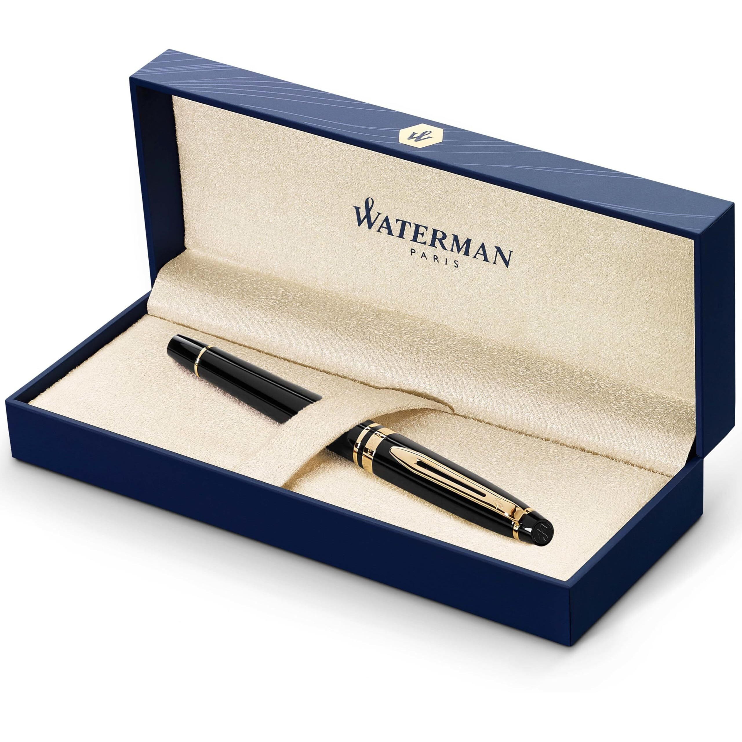 Waterman Expert Rollerball Pen Gloss Black With 23K Gold Trim Fine Point Black Ink Gift Box