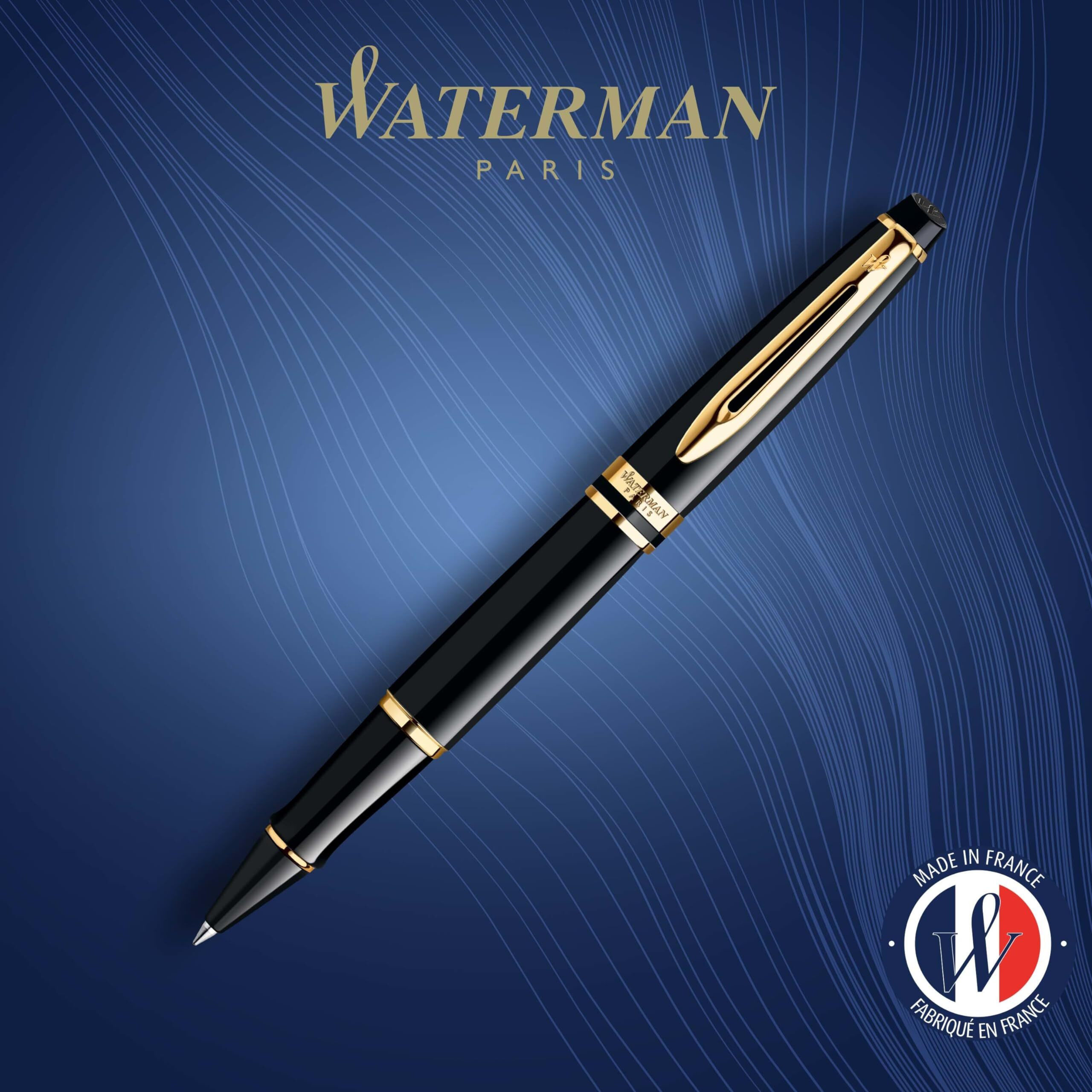 Waterman Expert Rollerball Pen Gloss Black With 23K Gold Trim Fine Point Black Ink Gift Box