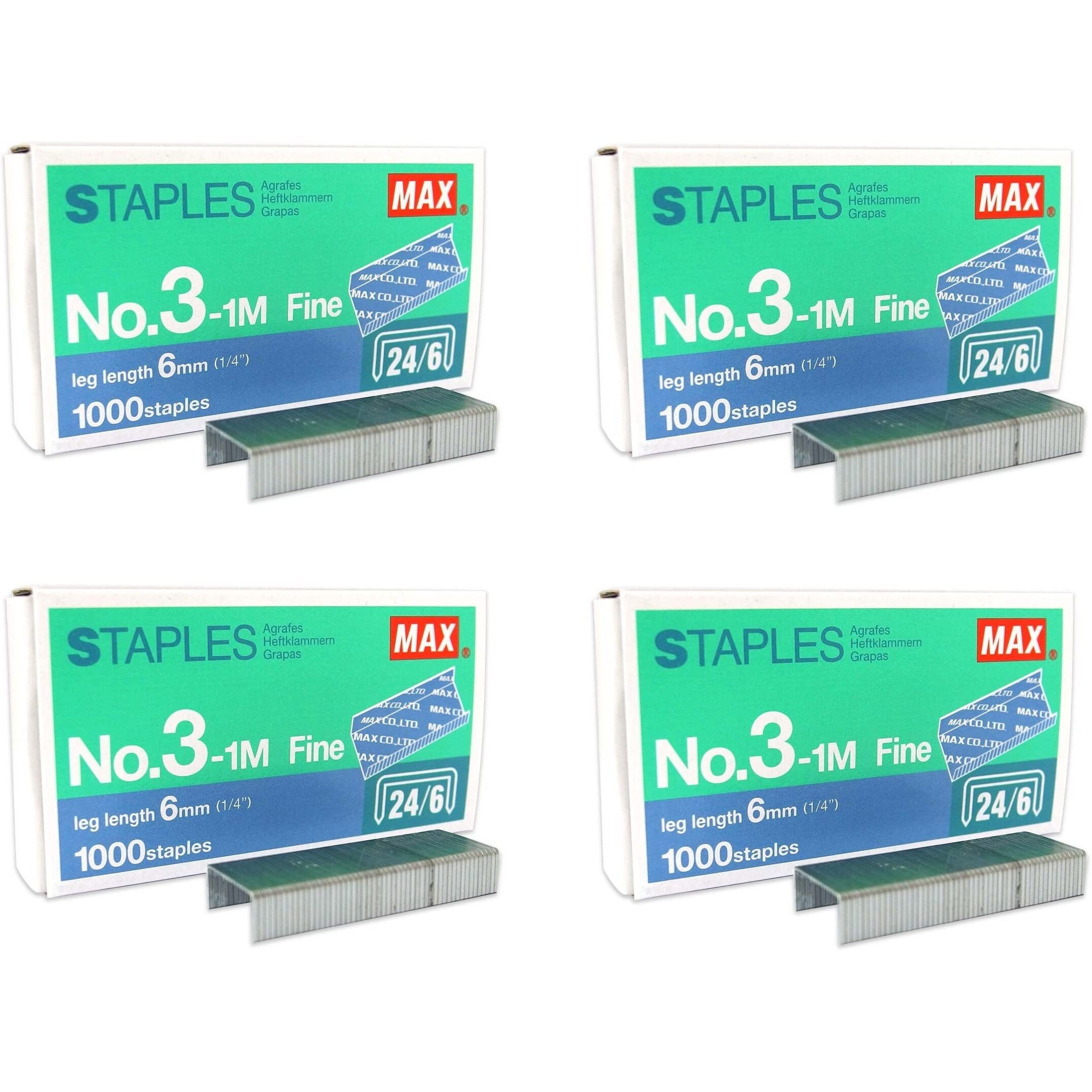 Max No.3-1M Flat Clinch Staples (24/6) For Office Stapler - 4 Boxes (4,000-Staples)