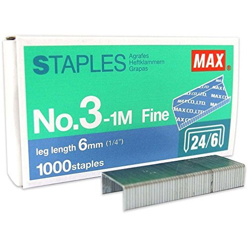 Max No.3-1M Flat Clinch Staples (24/6) For Office Stapler - 4 Boxes (4,000-Staples)