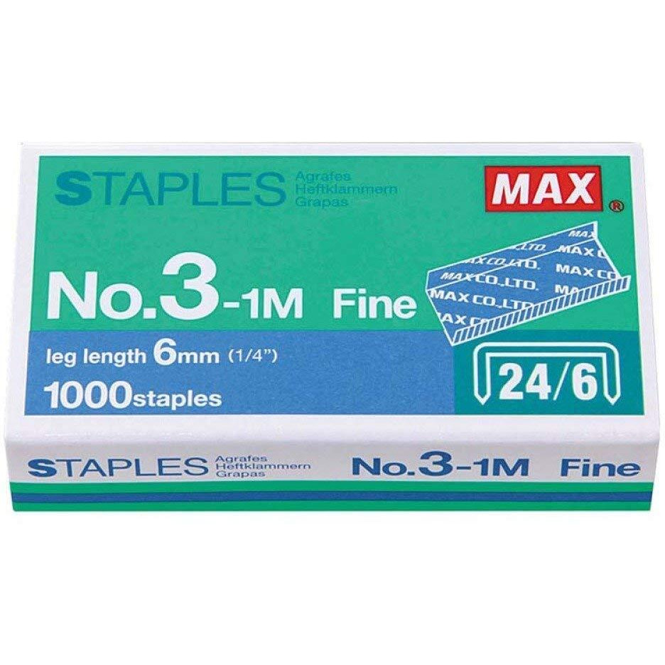 Max No.3-1M Flat Clinch Staples (24/6) For Office Stapler - 4 Boxes (4,000-Staples)