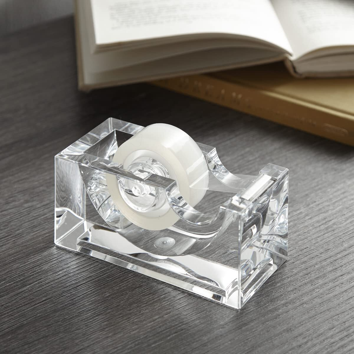 Huang Acrylic Clear Block Tape Dispenser, Modern Design, Crystal Clear Construction, Perfect For Home Or Office
