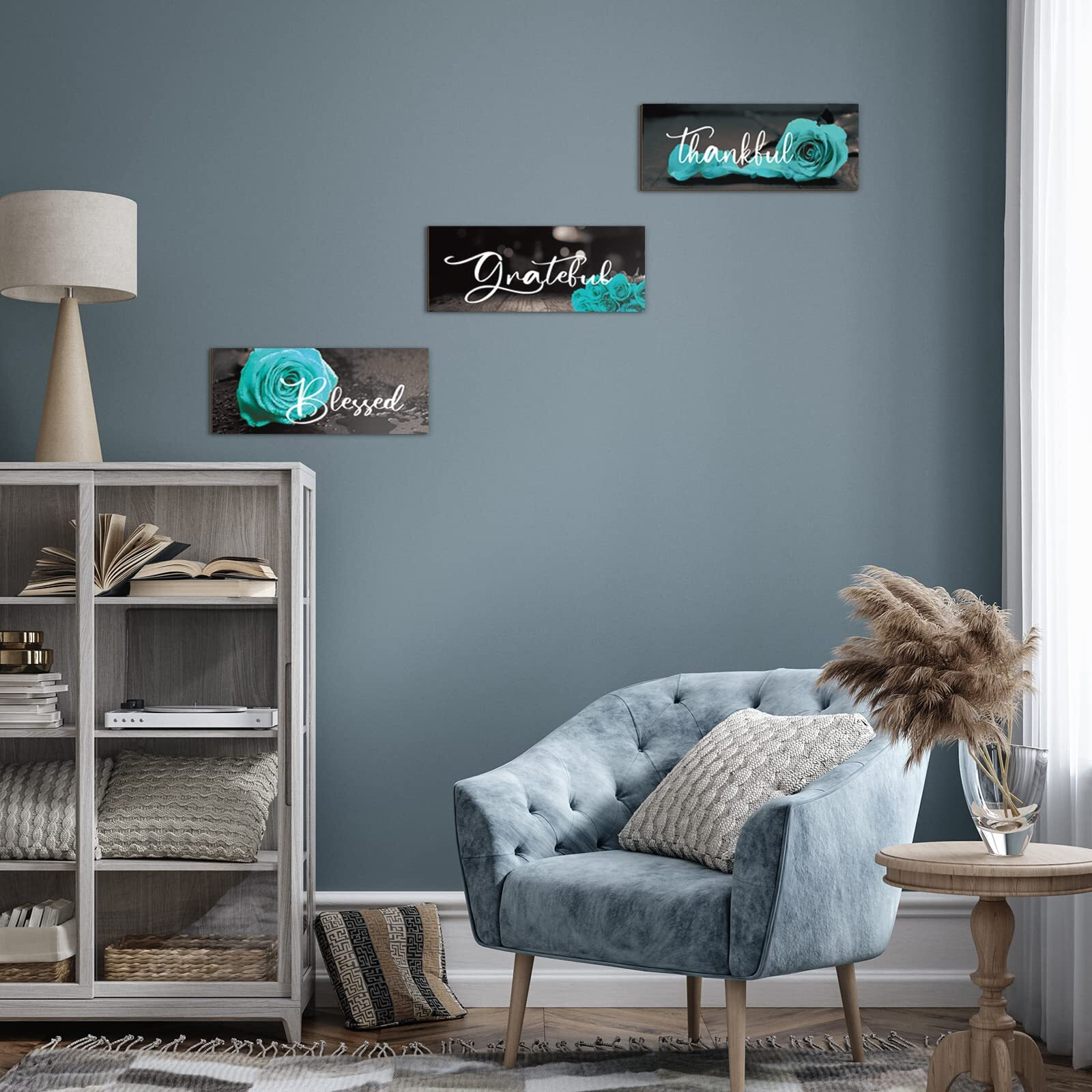 Hillban 3 Pieces Rose Wooden Wall Decor Thankful Grateful Blessed Wooden Signs Inspirational Wall Art Signs Wedding Wall Decor For Room Kitchen Bathroom (Teal,10 X 4 Inch)