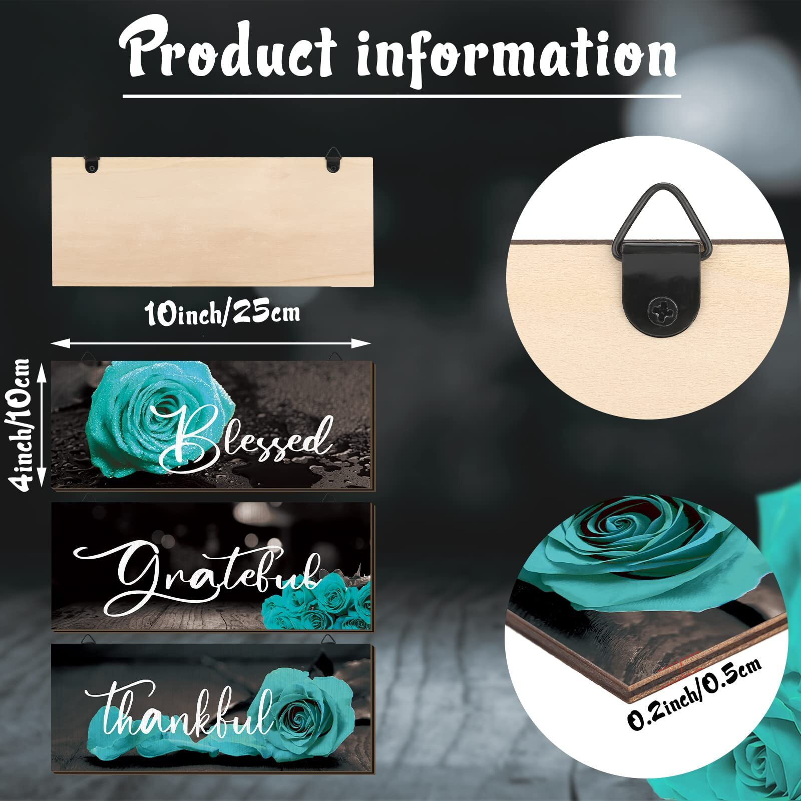 Hillban 3 Pieces Rose Wooden Wall Decor Thankful Grateful Blessed Wooden Signs Inspirational Wall Art Signs Wedding Wall Decor For Room Kitchen Bathroom (Teal,10 X 4 Inch)