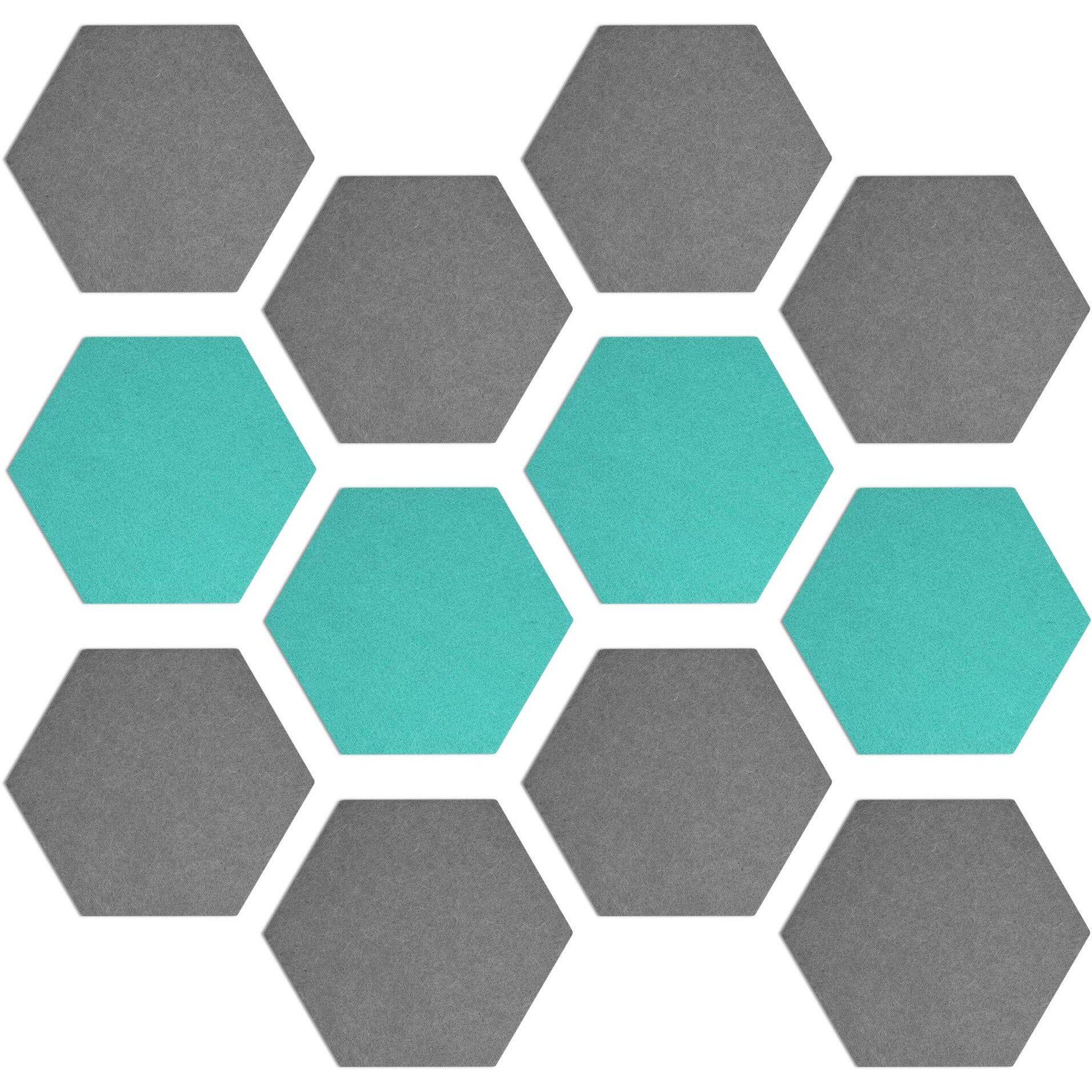 Navaris Hexagon Felt Board Tiles - Set Of 12 Notice Memo Bulletin Boards With Push Pins And Double-Sided Tape 5.9" X 6.7" - Dark Gray, Turquoise