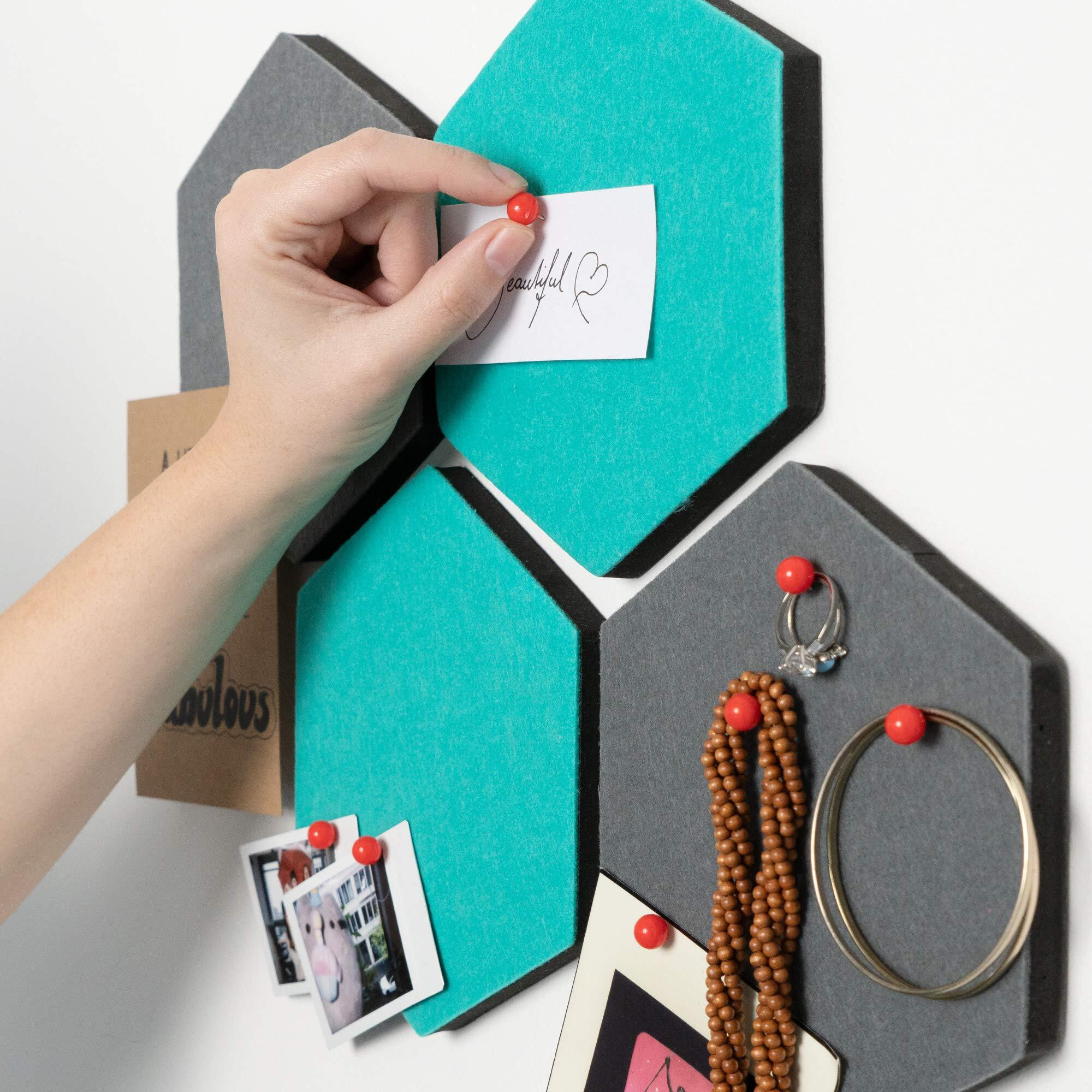 Navaris Hexagon Felt Board Tiles - Set Of 12 Notice Memo Bulletin Boards With Push Pins And Double-Sided Tape 5.9" X 6.7" - Dark Gray, Turquoise