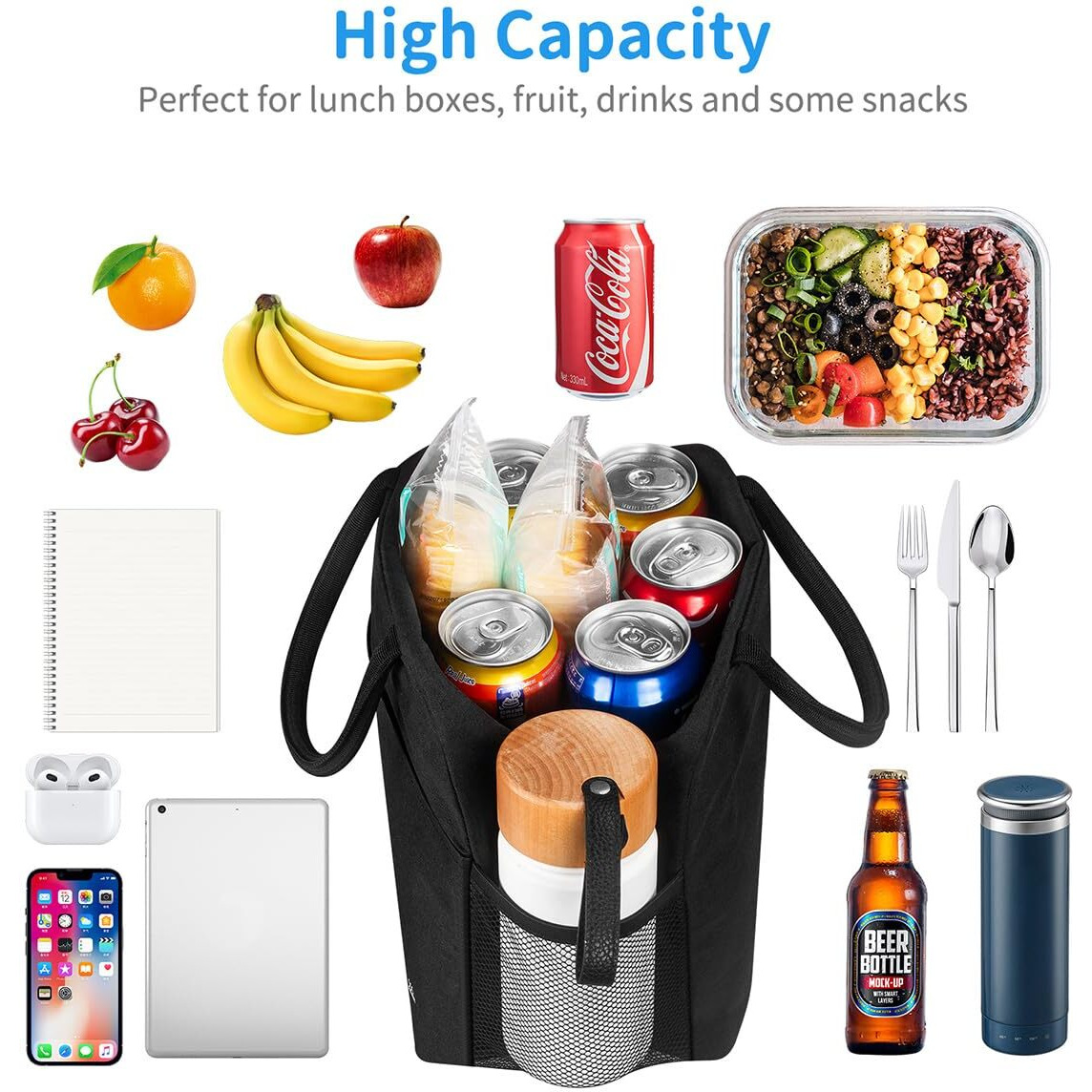 Dalinda Lunch Bag Lunch Box For Women Men Reusable Insulated Lunch Tote Bag,Leakproof Thermal Cooler Sack Food Handbags Case High Capacity Fortravel Work School Picnic- Black