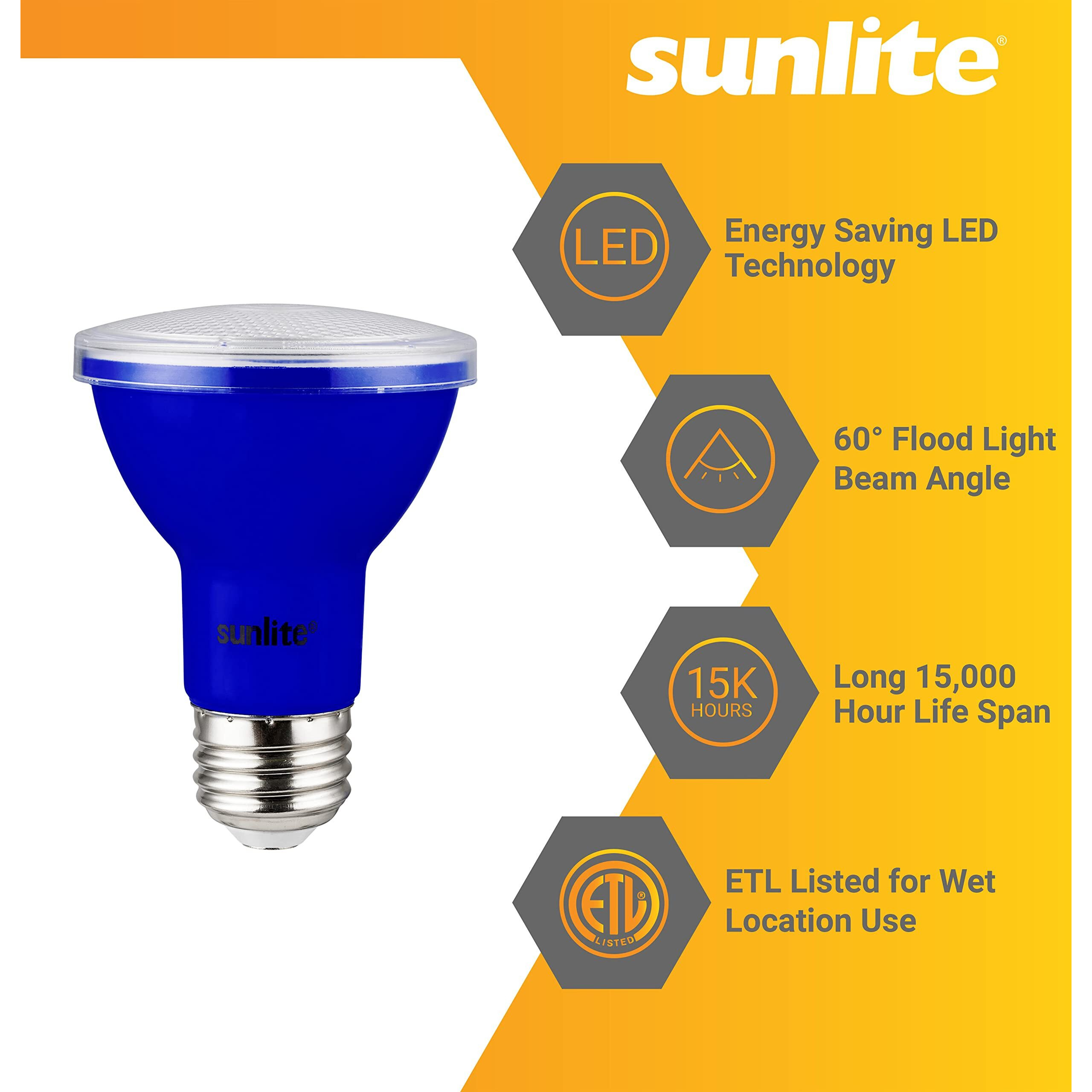 Sunlite 40249 Led Par20 Colored Recessed Light Bulb, 3 Watt (50W Equivalent), Medium (E26) Base, Floodlight, Etl Listed, Blue, 3 Count