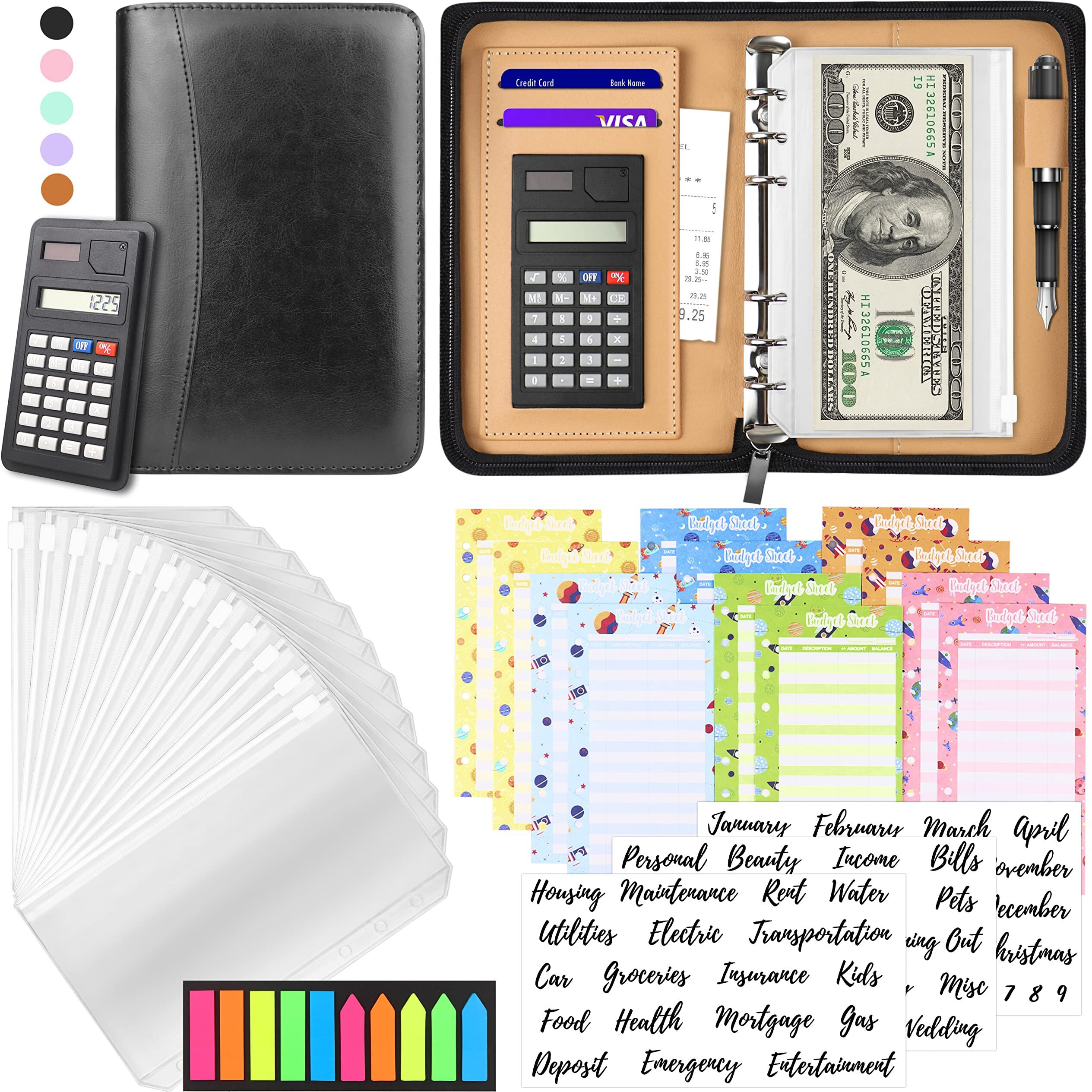 Budget Binder With Zipper Envelopes, Cash Envelopes For Budgeting, A6 Pu Leather Budget Planner 2024 With Cash Envelopes Calculator, Bill Money Organizer For Cash Saving Budget System Wallet