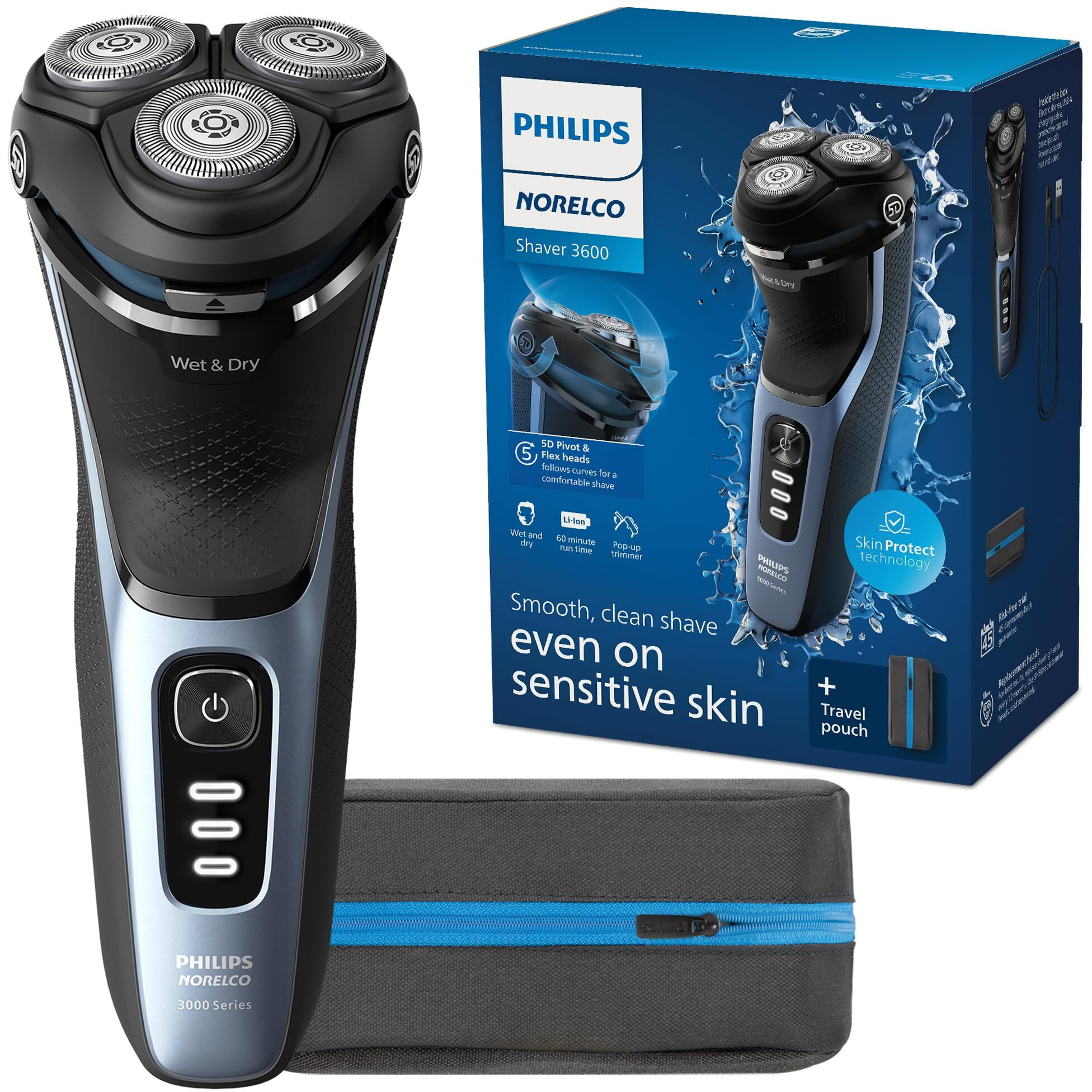 Philips Norelco Shaver 3600, Rechargeable Wet & Dry Electric Shaver With Pop-Up Trimmer, Travel Storage Pouch And Protective Cap, S3243/91