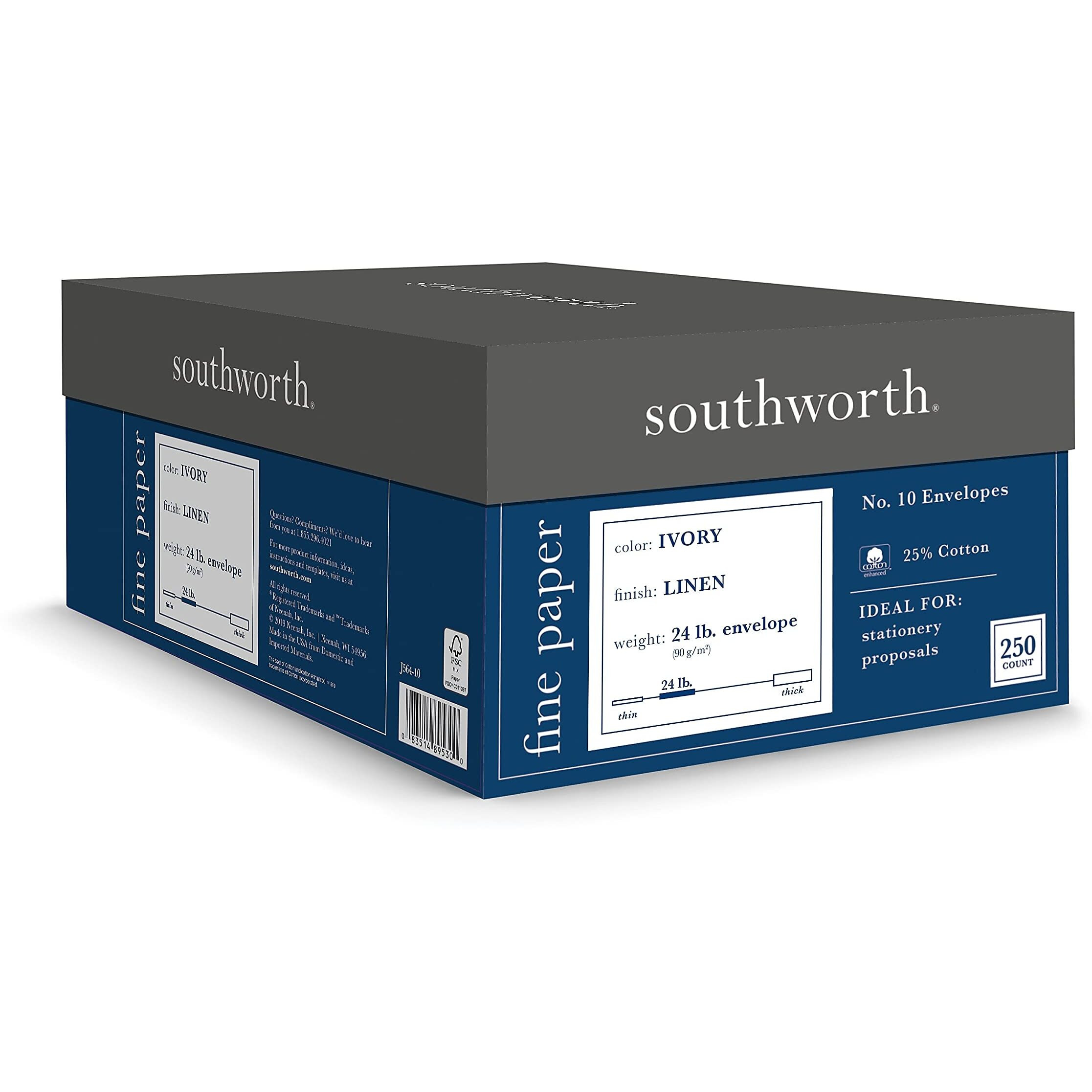 Southworth J56410 25% Cotton 10 Envelope Ivory 24 Lbs. Linen 250/Box Fsc