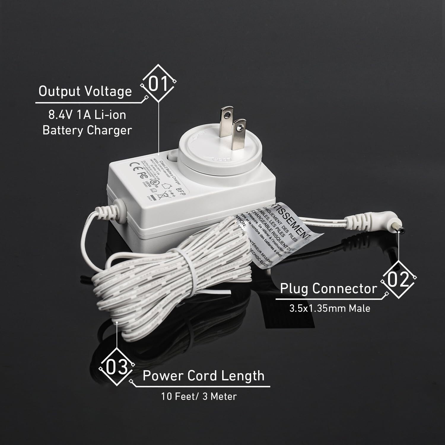 Rollerhouse 8.4V 1A Li-Ion Battery Charger Power Adapter For 7.2V,7.4V 8.4V Device, With Led Indicator 3.5X1.35Mm Male Plug Connector, L118", White