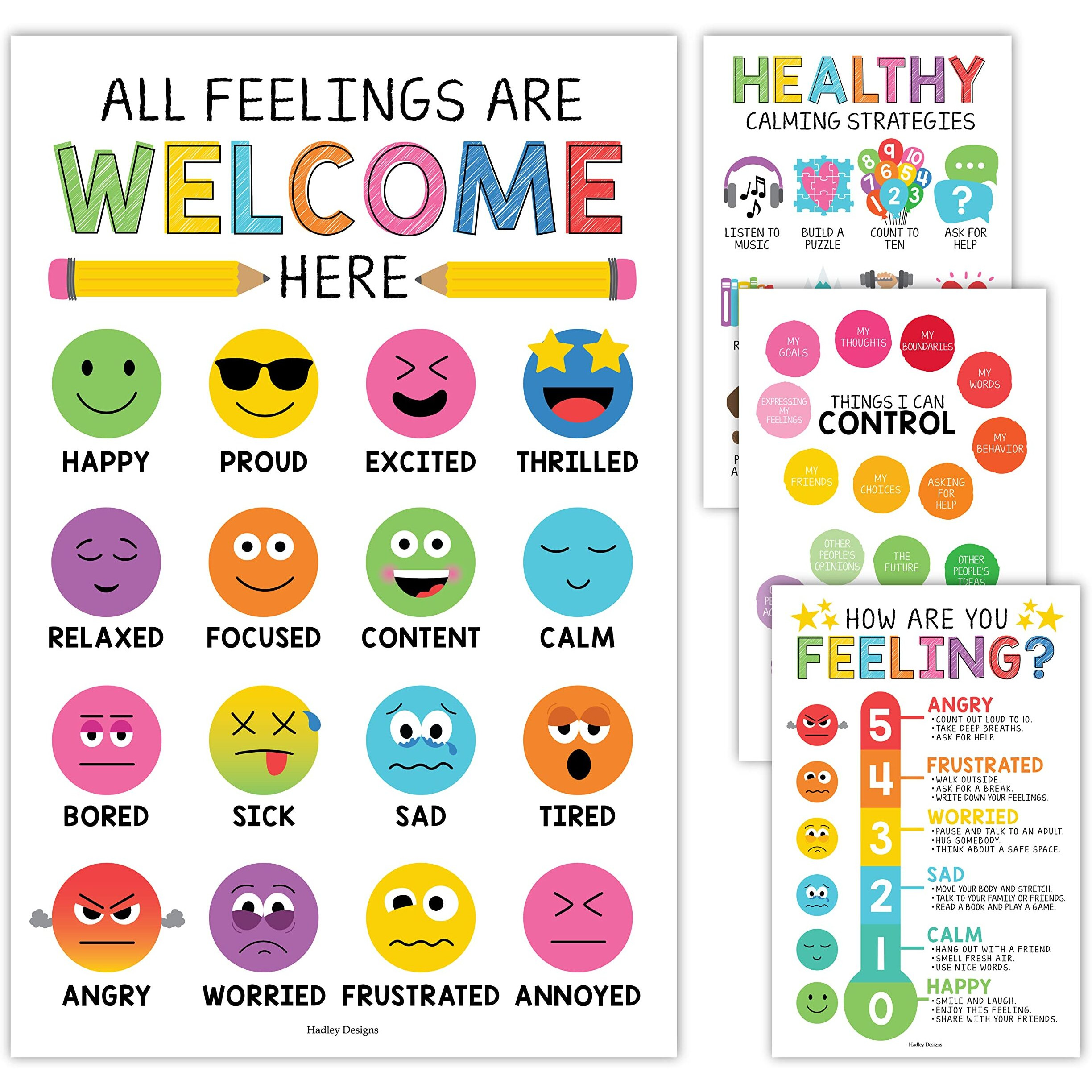 4 Colorful Feelings Chart For Kids Emotions Chart For Kids Feelings Poster - Toddler Emotions Posters For Classroom Must Haves, Social Emotional Learning Posters School Counselor Office Decor