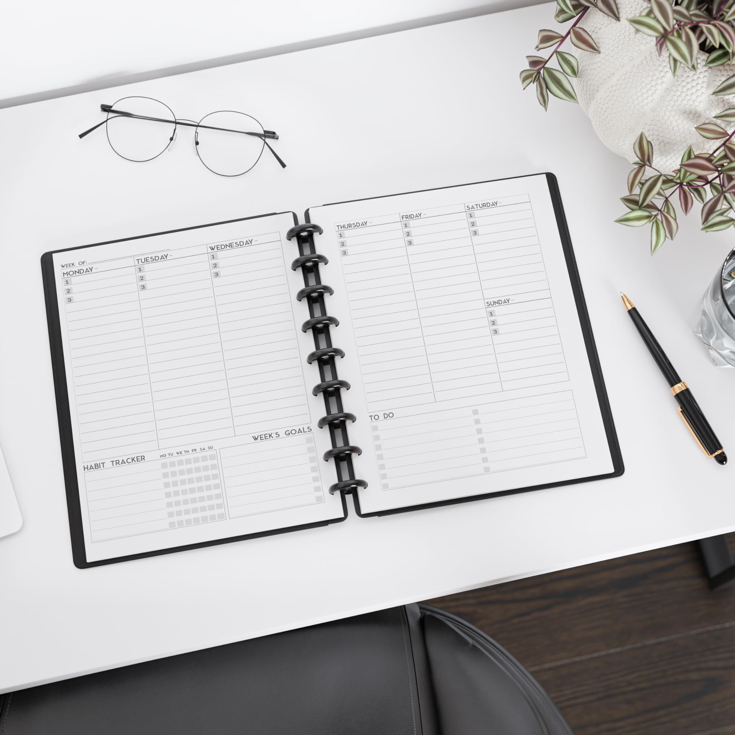 Discbound Undated Weekly Plan Paper Refill, 120 Gsm, 80 Sheets/160 Pages, Happy Planner 9 Disc Pre-Punched Inserts, Loose Leaf, White, 7 Inch X 9.25 Inch, To-Do, Notes, Habit Tracker, And Scheduling