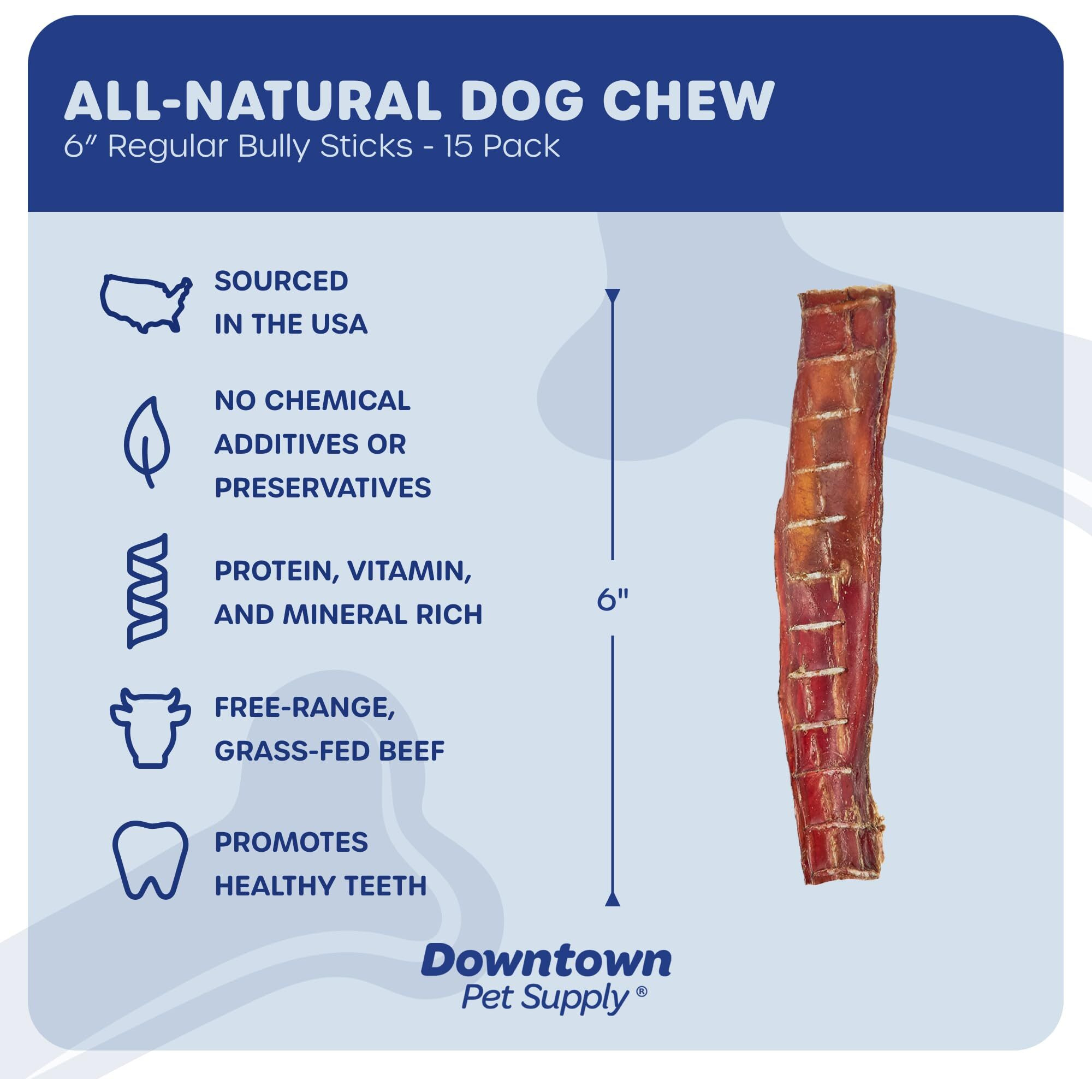 Downtown Pet Supply Bully Sticks For Dogs (6", 15-Pack Regular) Rawhide Free Dog Chews Long Lasting Non-Splintering Pizzle Sticks - Usa Sourced Low Odor Bully Sticks For Small - Medium Dogs
