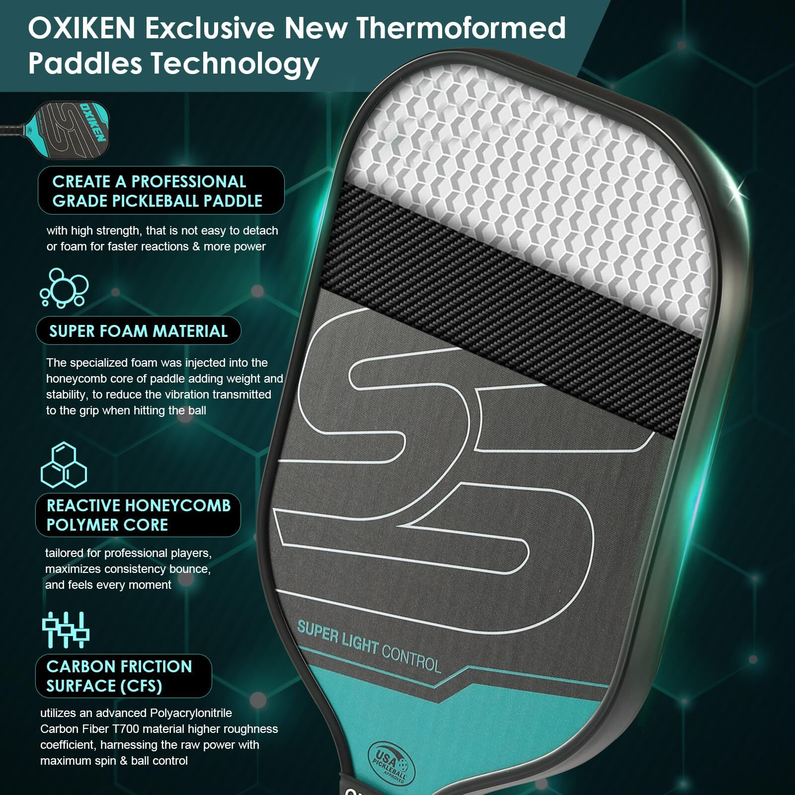 Oxiken 16 Mm Pickleball Paddles Usapa Approved T700 Carbon Fiber Surface (Cfs) 8.3Oz Pickle Paddle, Thermoformed High Grit & Spin, 5.5 Elongated Handle, Anti Slip Sweat Absorbing Grip With Cover Case