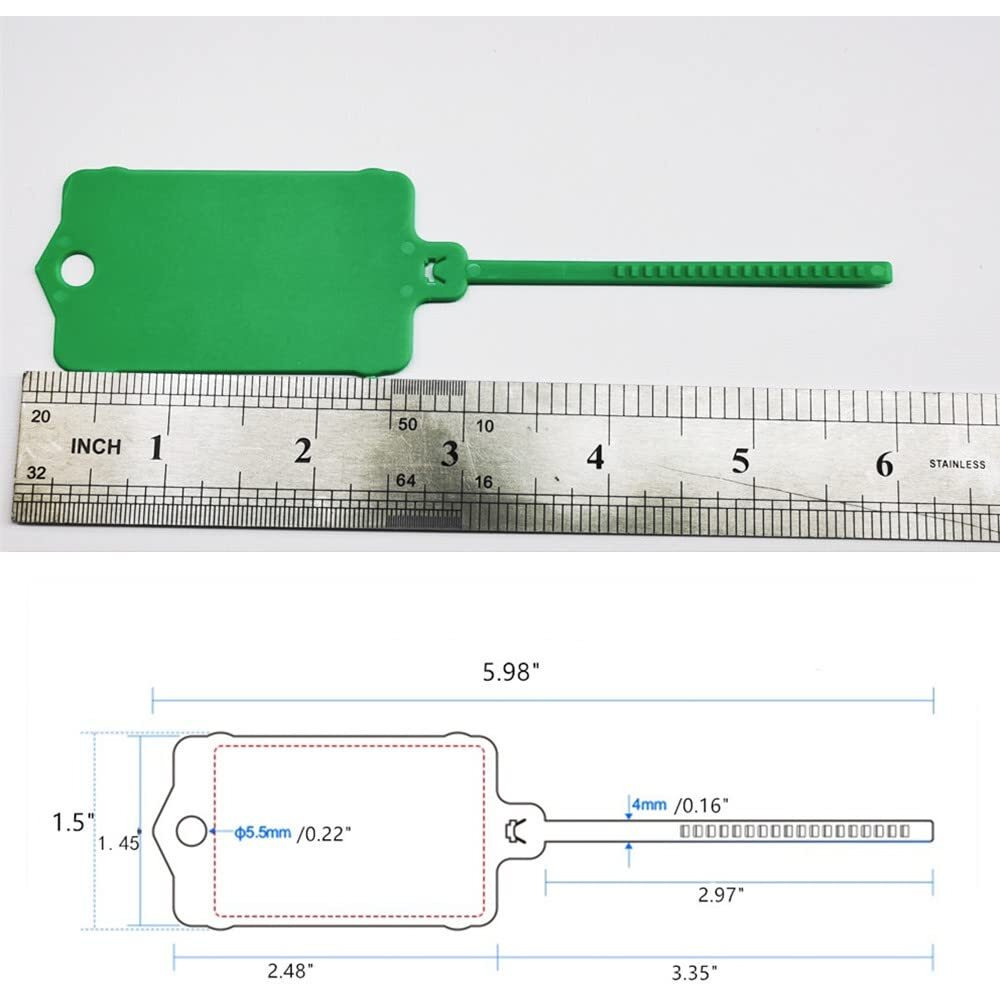 100Pcs Reusable Blank Plastic Tags Ties Key Tags 1.45"*2.48" Serrated Tension Sealing Strap With Large Label Plastic Tie Mark Label Waterproof Hang Sign Write On Tag (Green, 100Pcs)