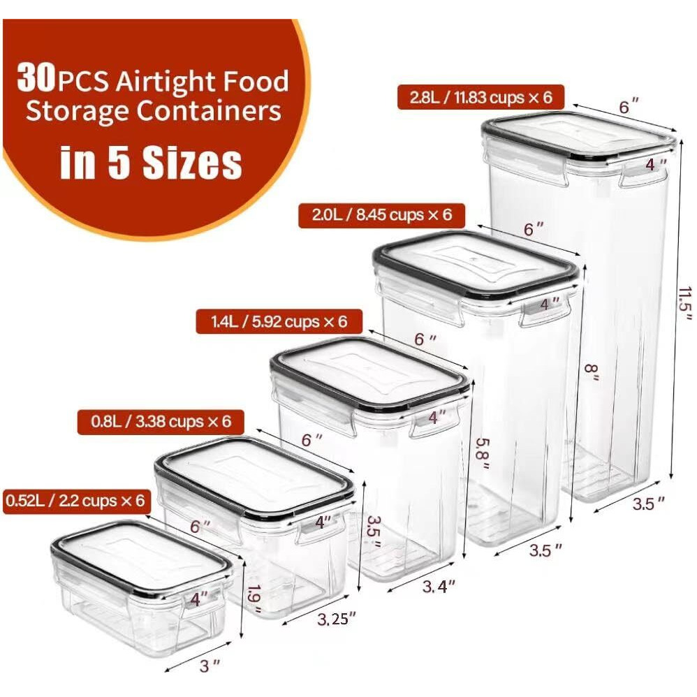 Praki 30 Pack Airtight Food Storage Containers For Kitchen Pantry Organizers And Storage, Plastic Kitchen Storage Canisters With Lids,Cereal, Flour & Sugar Containers - Labels, 6 Spoon & Marker