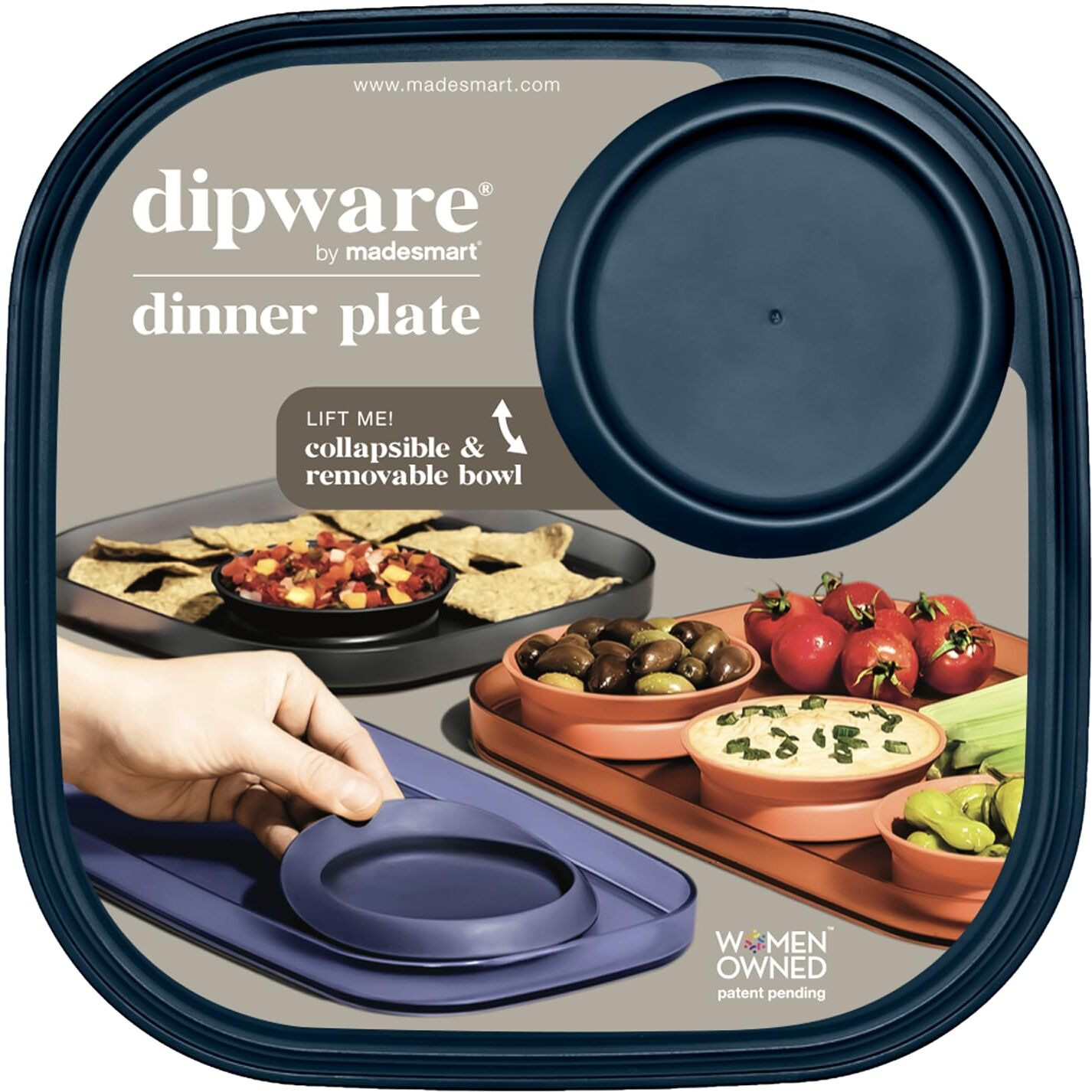 Madesmart Dipware Dinner Plate With Collapsible And Removable Dip Bowl For Meals And Appetizers Reusable Serving Plate With Multipurpose Bowl, Translucent Midnight, Small