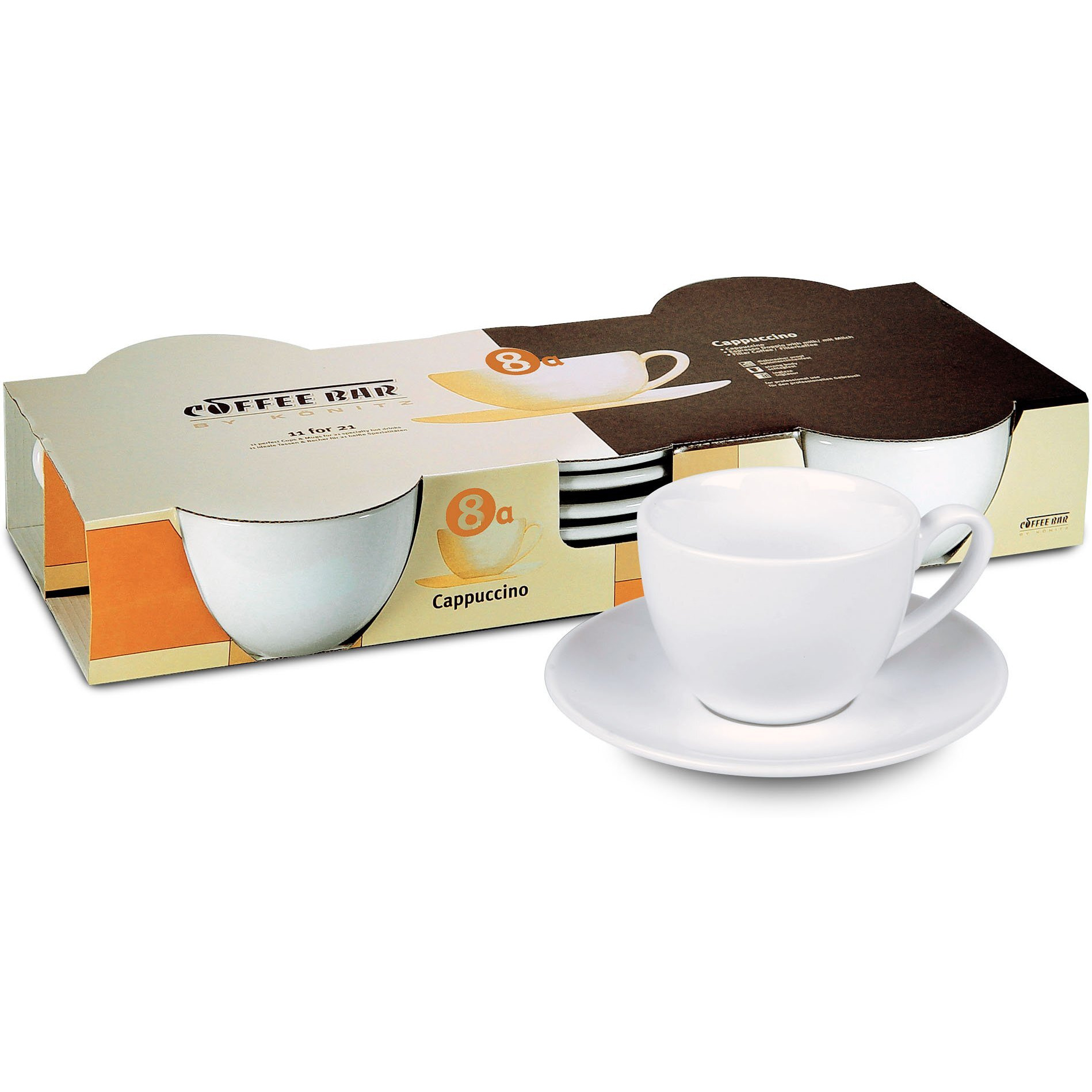 Konitz Coffee Bar Coffee Cups And Saucers, 7-Ounce, White, Set Of 4