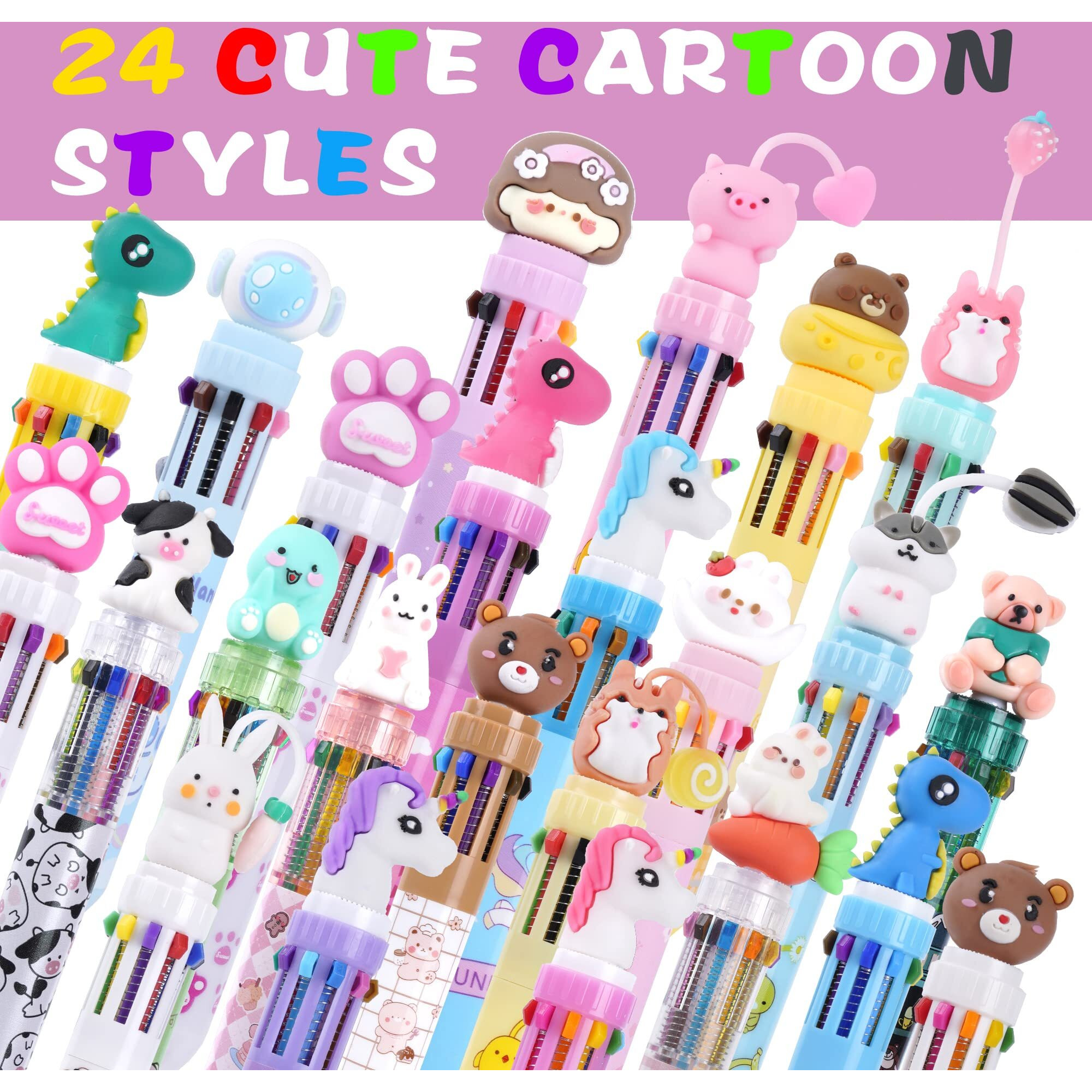 Kolewo4Ever 24 Pieces Multicolor Ballpoint Pens 10-In-1 0.5Mm Retractable Ballpoint Cartoon Pens Dinosaur Pens Unicorn Pens For Office School Supplies Students Gift