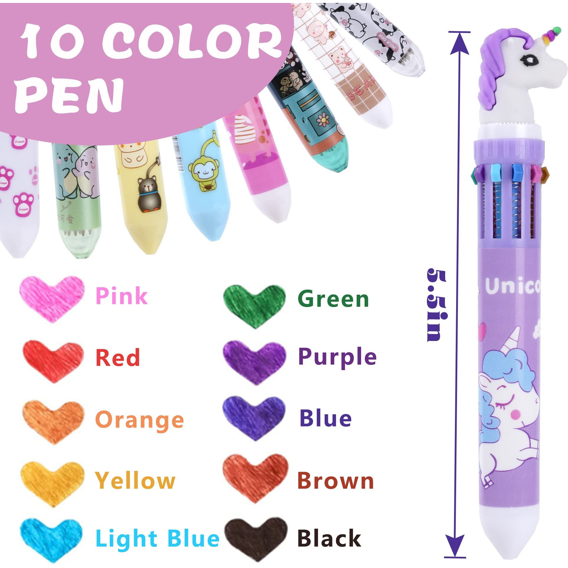 Kolewo4Ever 24 Pieces Multicolor Ballpoint Pens 10-In-1 0.5Mm Retractable Ballpoint Cartoon Pens Dinosaur Pens Unicorn Pens For Office School Supplies Students Gift