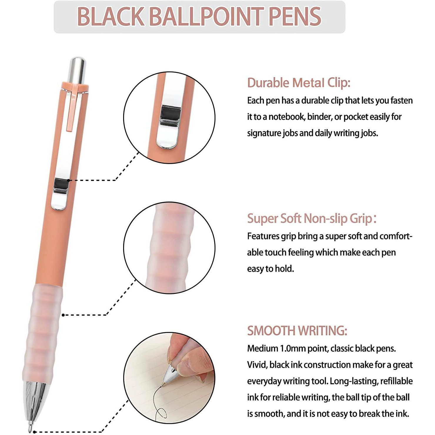 Linbsunne Ballpoint Pens Black Medium Point 1Mm Pen With Super Soft Grip Ball Point Pen For Men Women Retractable Pens (Silver-12 Pcs)