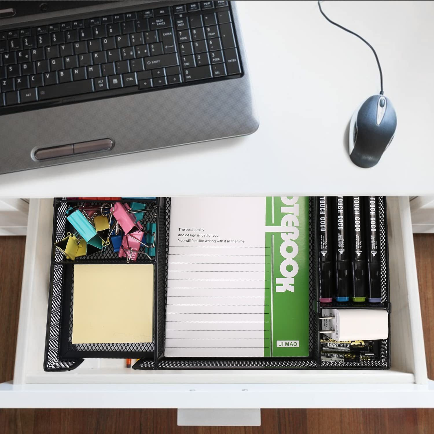 Esofficce Desk Drawer Organizer Tray With Adjustable Compartments, 6 Grid Metal Mesh Drawer, Multi-Use Desk Organizer Storage Box Set For Office,Home,School Supplies, 12.6X9X1.9 Inch