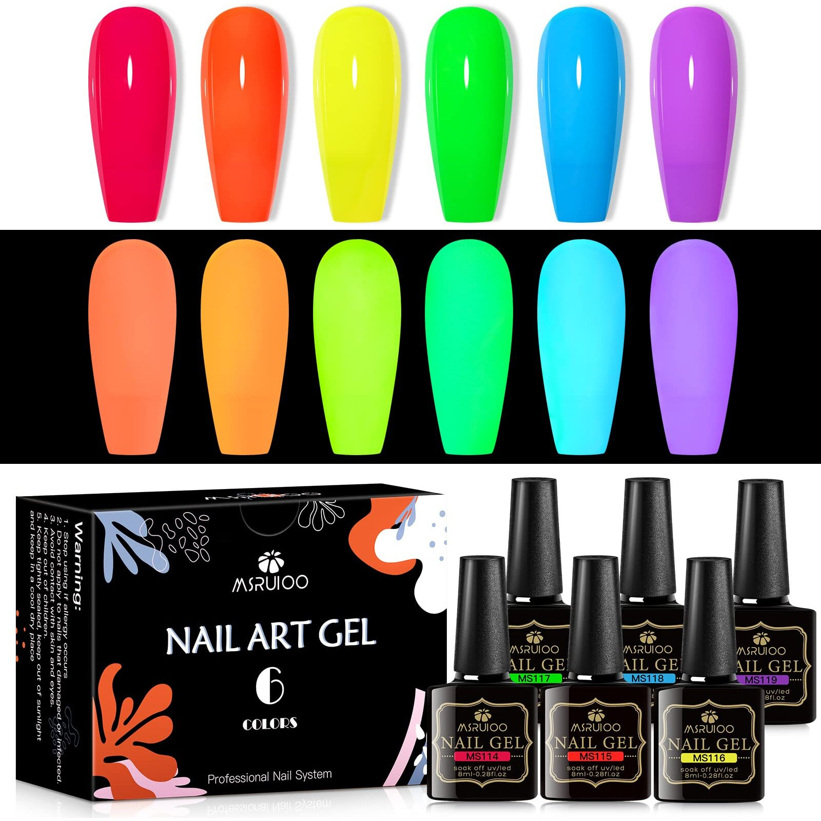 Msruioo Glow In The Dark Gel Nail Polish, 6 Colors Luminous Neon Gel Polish Set Fluorescent Bright Colors Hot Pink Yellow Purple Glow Effect Soak Off Uv Gel Polish For Diy Nail Art Design