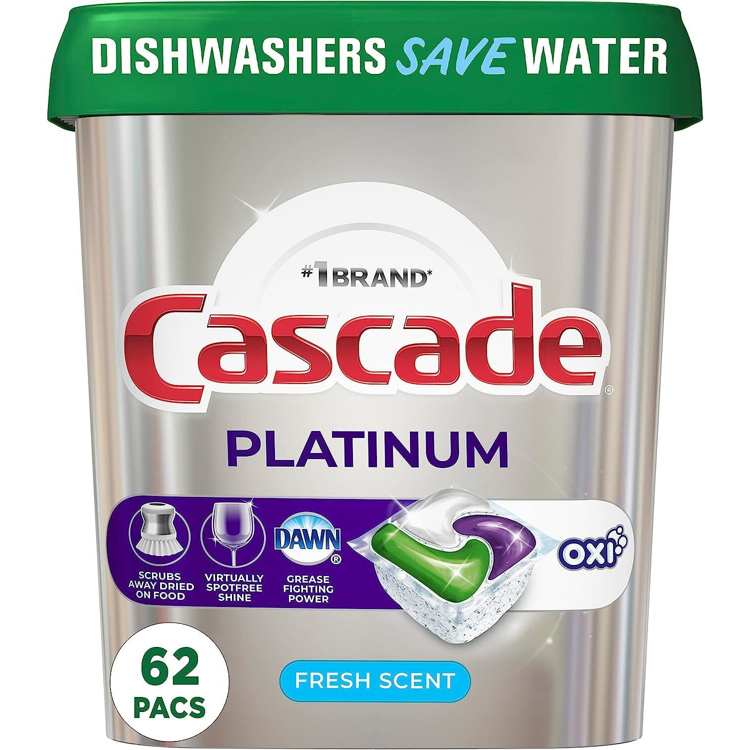 Cascade Platinum Dishwasher Soap Pods, Actionpacs + Oxi With Dishwasher Cleaner And Deodorizer Action, Fresh, 62 Count Of Dish Detergent Pods