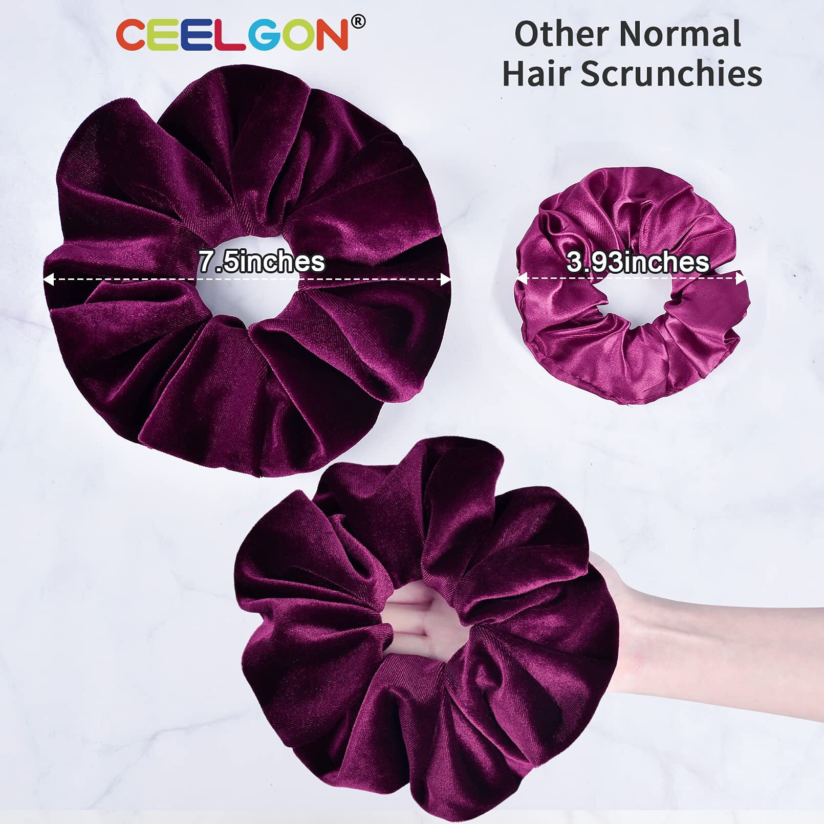 7.5 Inches Big Velvet Scrunchies Large Hair Ties Oversized Silk Thick Scrunchie Jumbo Hair Scrunchies Curly Hair Accessories 6 Assorted Colors(Black,Pink,Blue,Maroon,Green, Khaki)