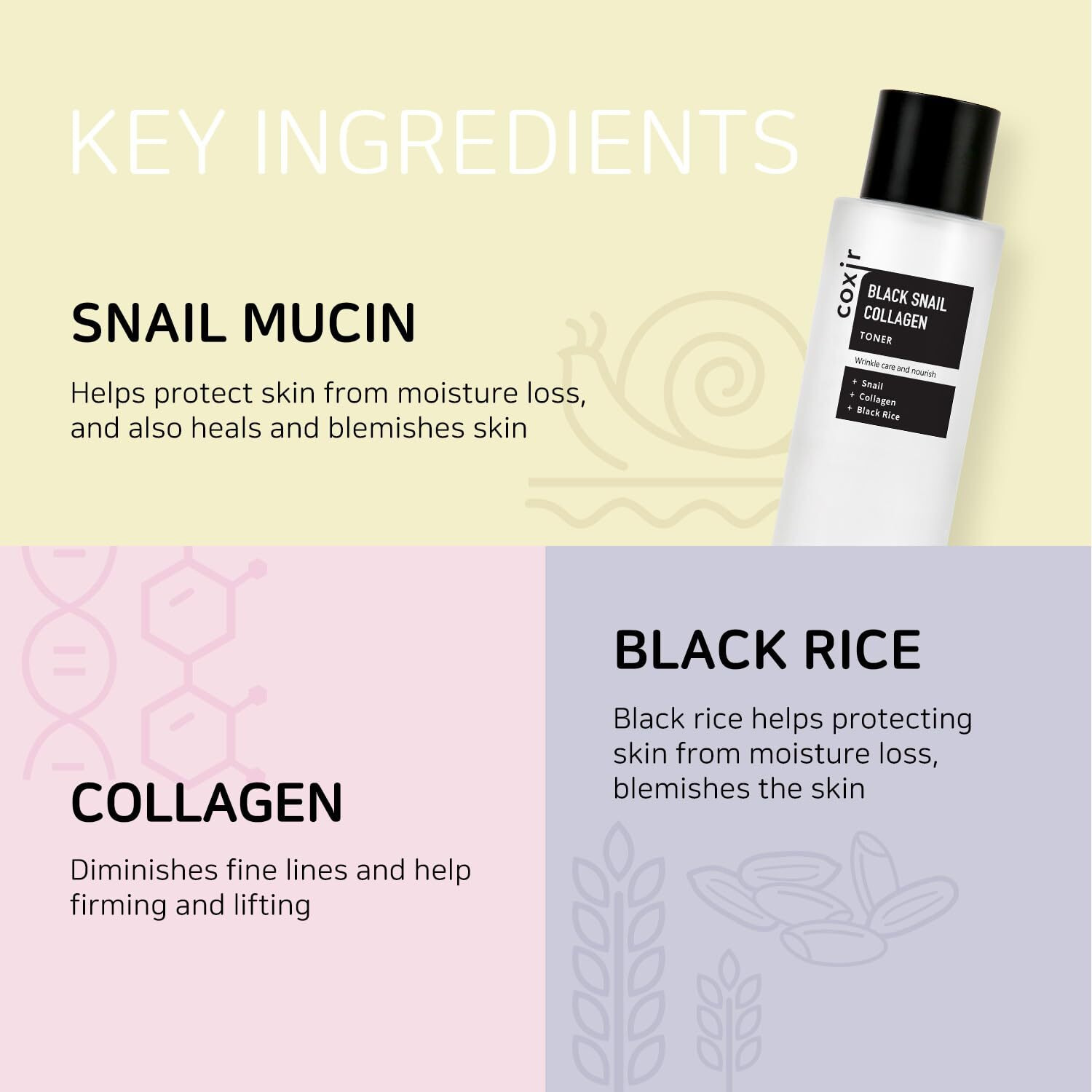 Coxir Black Snail Collagen Toner L Black-3-Complex Black Rice, Bean, Sesame, Snail Mucin, Collagen, Hyaluronic Acid L Plumping&Moisturizing L Korean Skin Care, Korean Toner [150Ml /5.07 Fl.Oz]