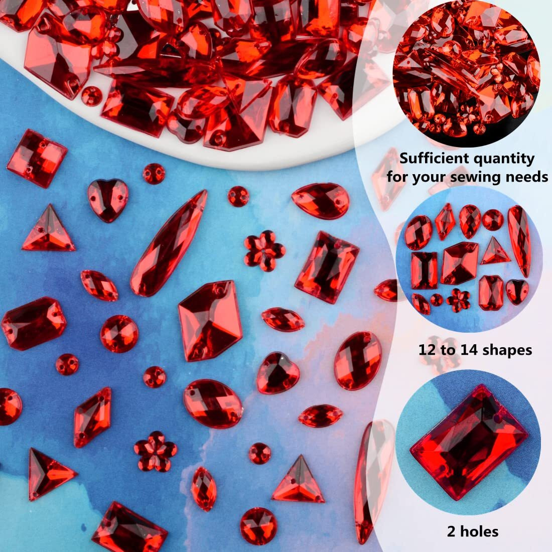 500 Pcs Flatback Acrylic Sewing Gems Crystal Mixed Shapes Sew On Rhinestones Clothes Sewing Beads Decorations (Red)