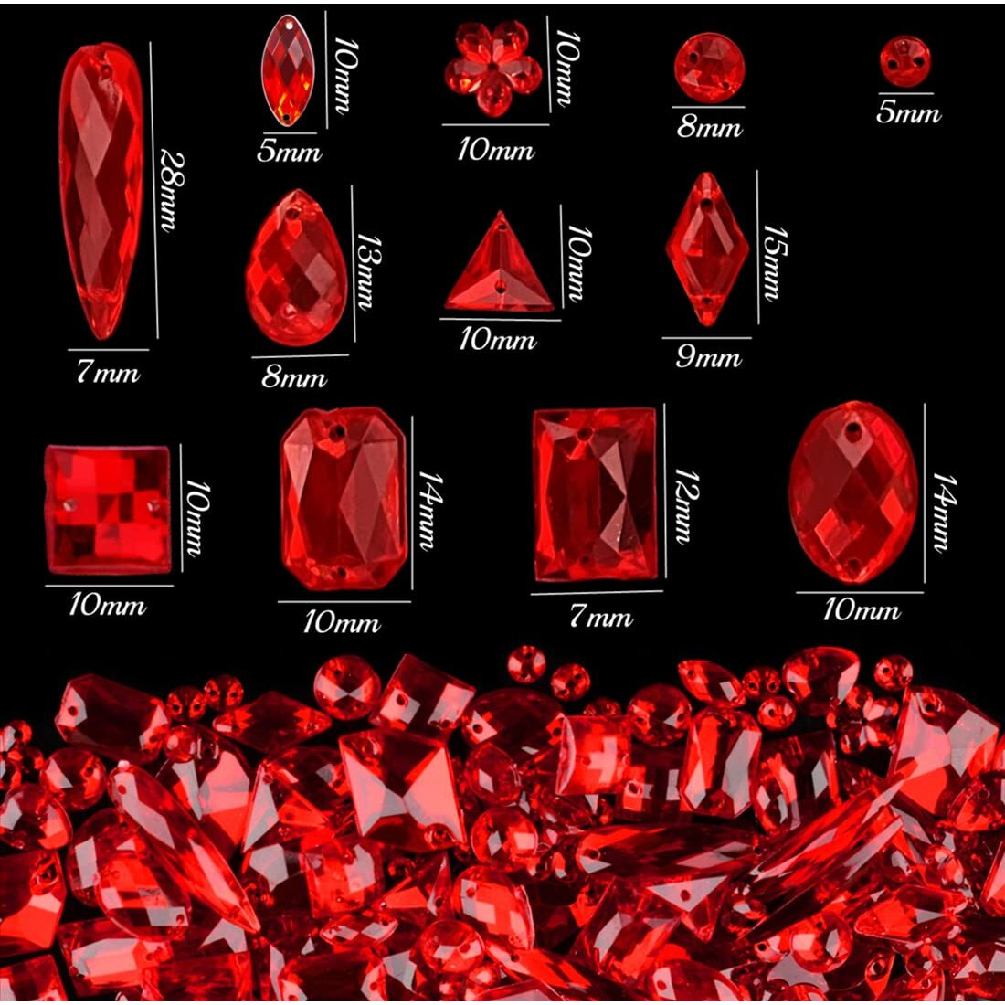 500 Pcs Flatback Acrylic Sewing Gems Crystal Mixed Shapes Sew On Rhinestones Clothes Sewing Beads Decorations (Red)