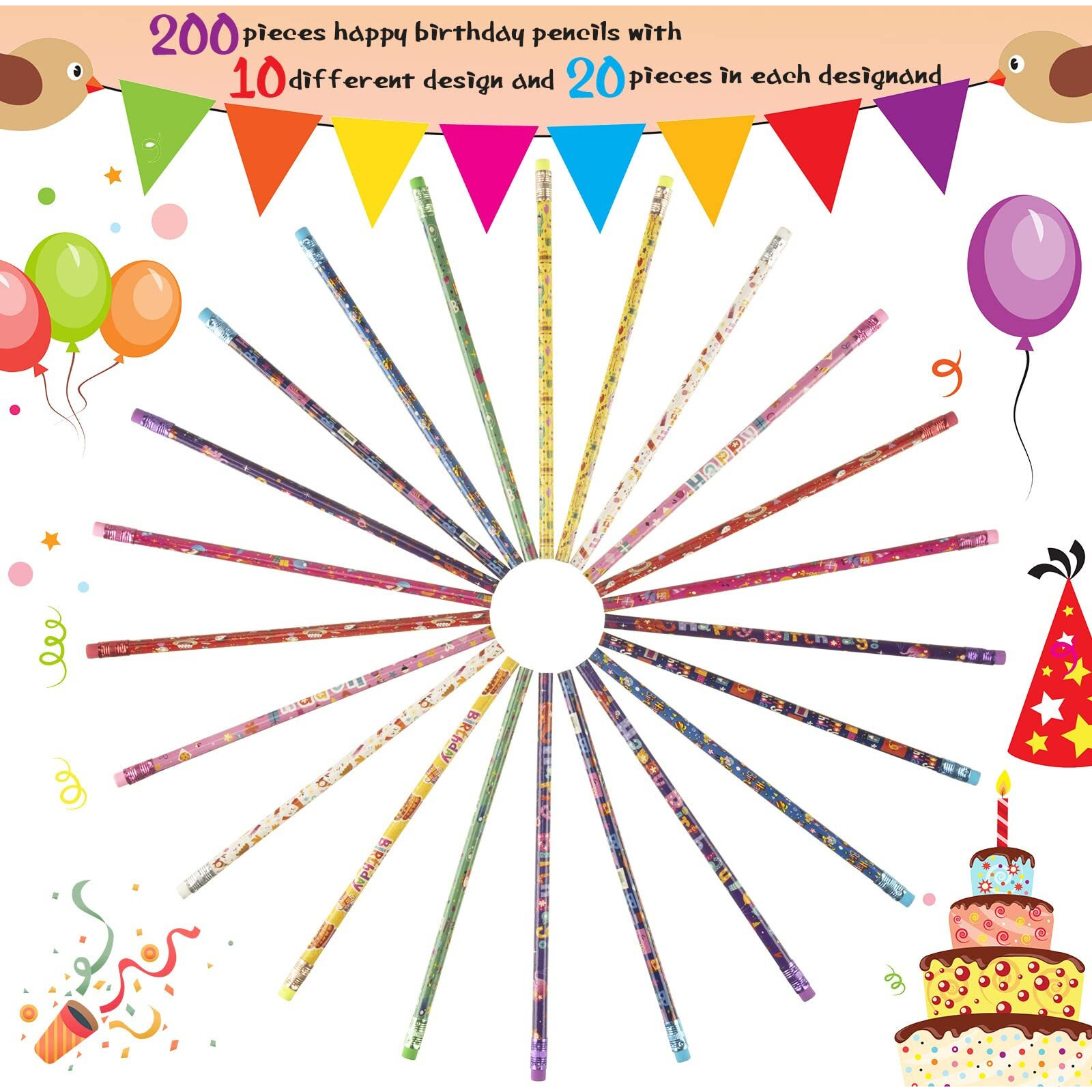 200 Pcs Happy Birthday Pencils Colorful Printed Birthday Pencils 7.5 Inch With Top Erasers Classroom Birthday Woodcase Lead Pencils For Teacher Student Reward Birthday Party Kids Gifts Supplies
