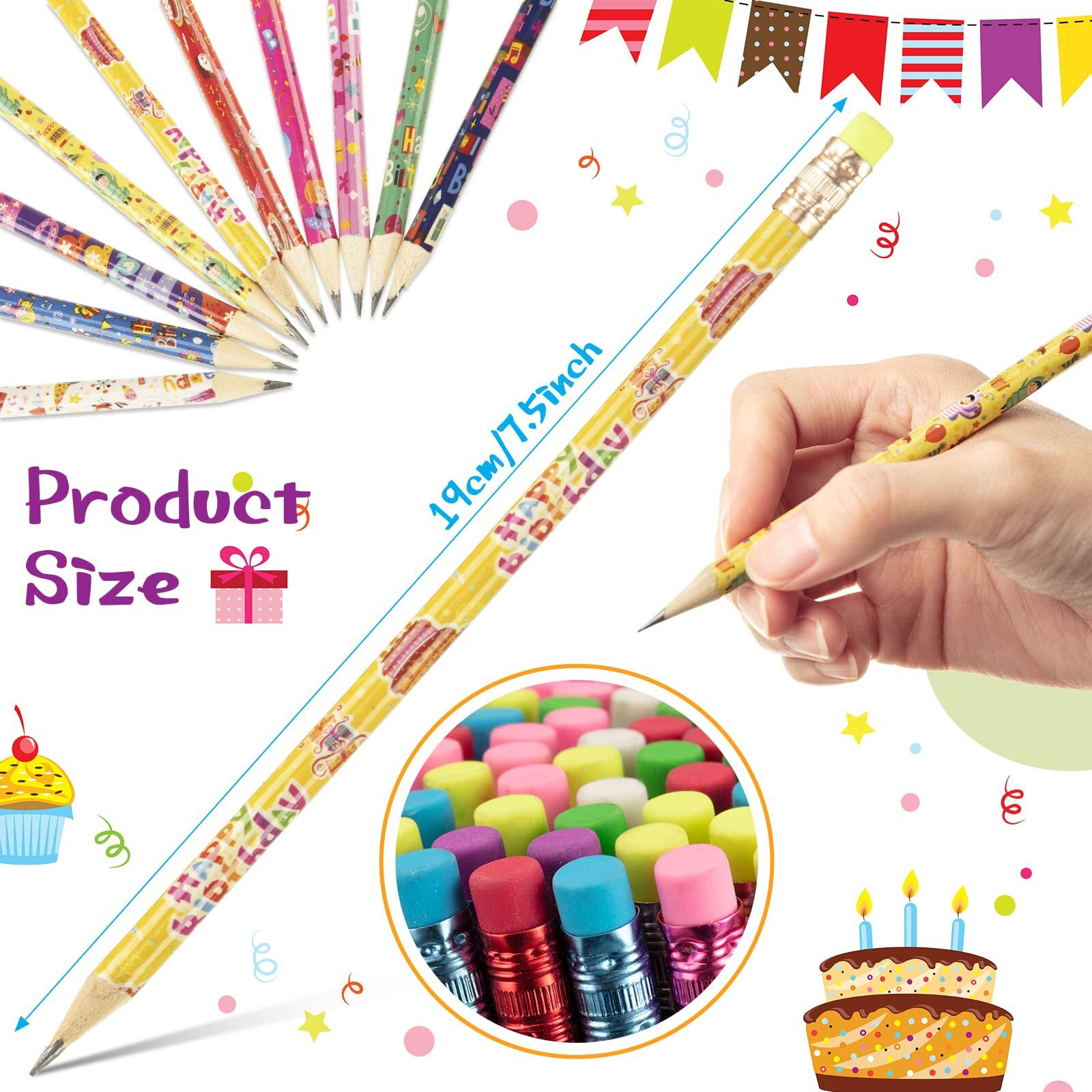 200 Pcs Happy Birthday Pencils Colorful Printed Birthday Pencils 7.5 Inch With Top Erasers Classroom Birthday Woodcase Lead Pencils For Teacher Student Reward Birthday Party Kids Gifts Supplies