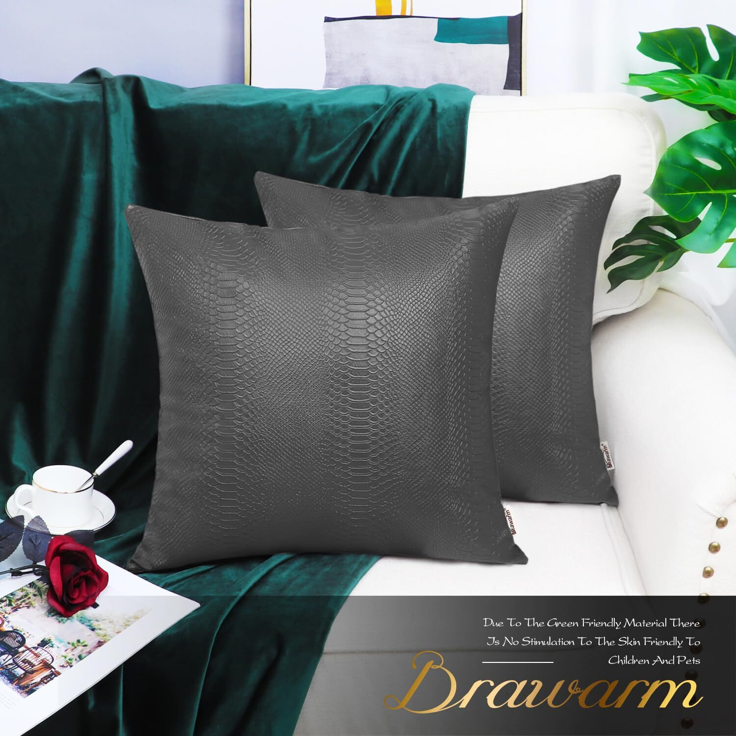 Brawarm Charcoal Gray Leather Throw Pillows 16 X 16 Inches, Snake Leather Pillow Covers Pack Of 2, Faux Leather Decorative Pillow Covers For Couch Living Room Garden Bed Sofa Home