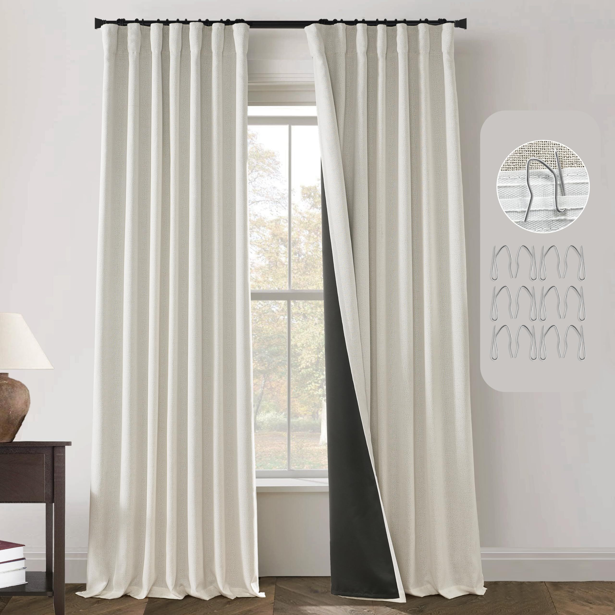 Panelsburg Cream Linen Blackout Curtains 96 Inches Long For Living Room Back Tab Pleated Black Out Room Darkening Curtain Drapes For Bedroom 96 Inch Length 2 Panel Set