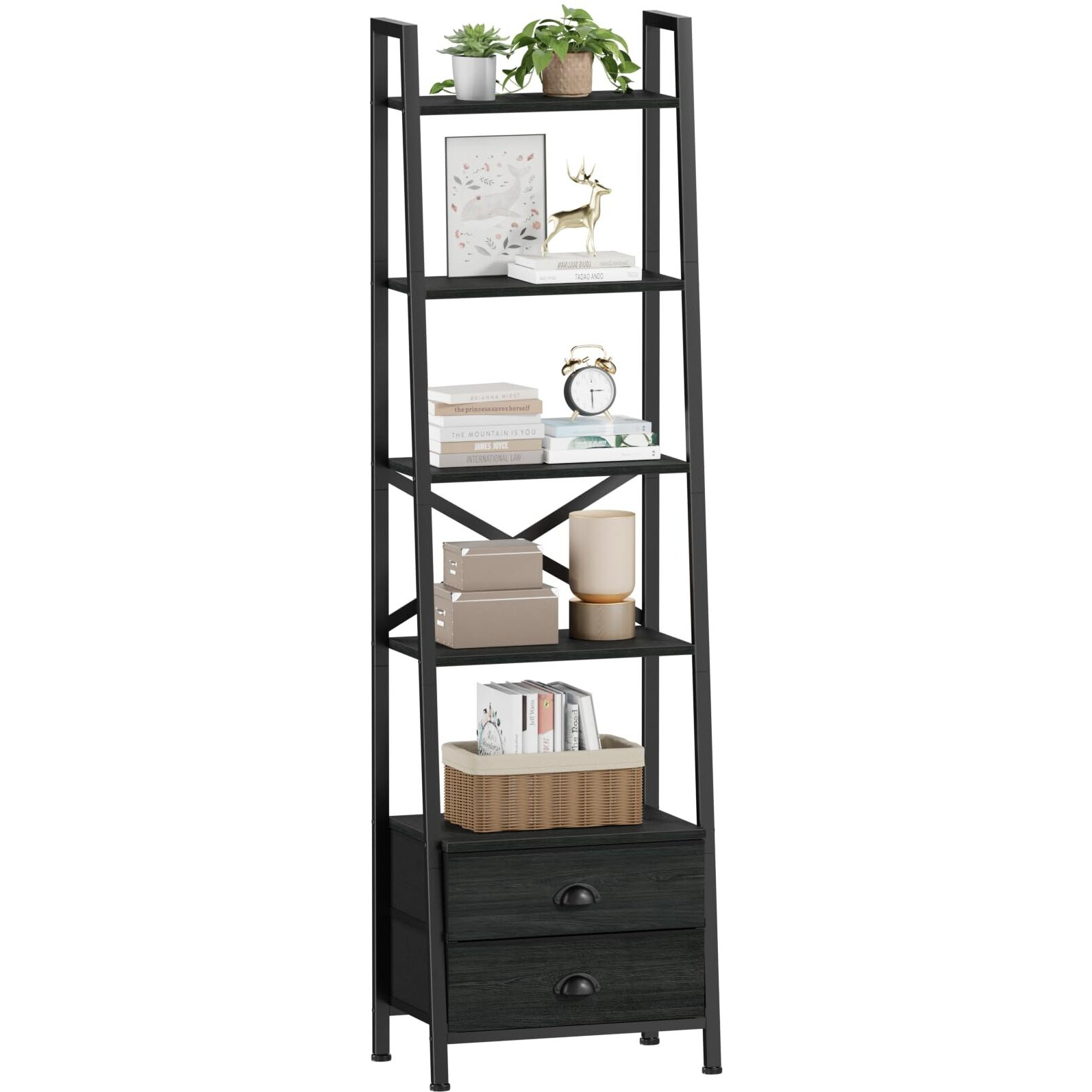 Furologee 5-Tier Ladder Shelf With 2 Drawers,Narrow Bookshelf Storage Shelves,Industrial Bookcase Freestanding Shelf Units For Bedroom,Living Room,Bathroom,Home Office,Balcony,Wood Metal, Black Oak