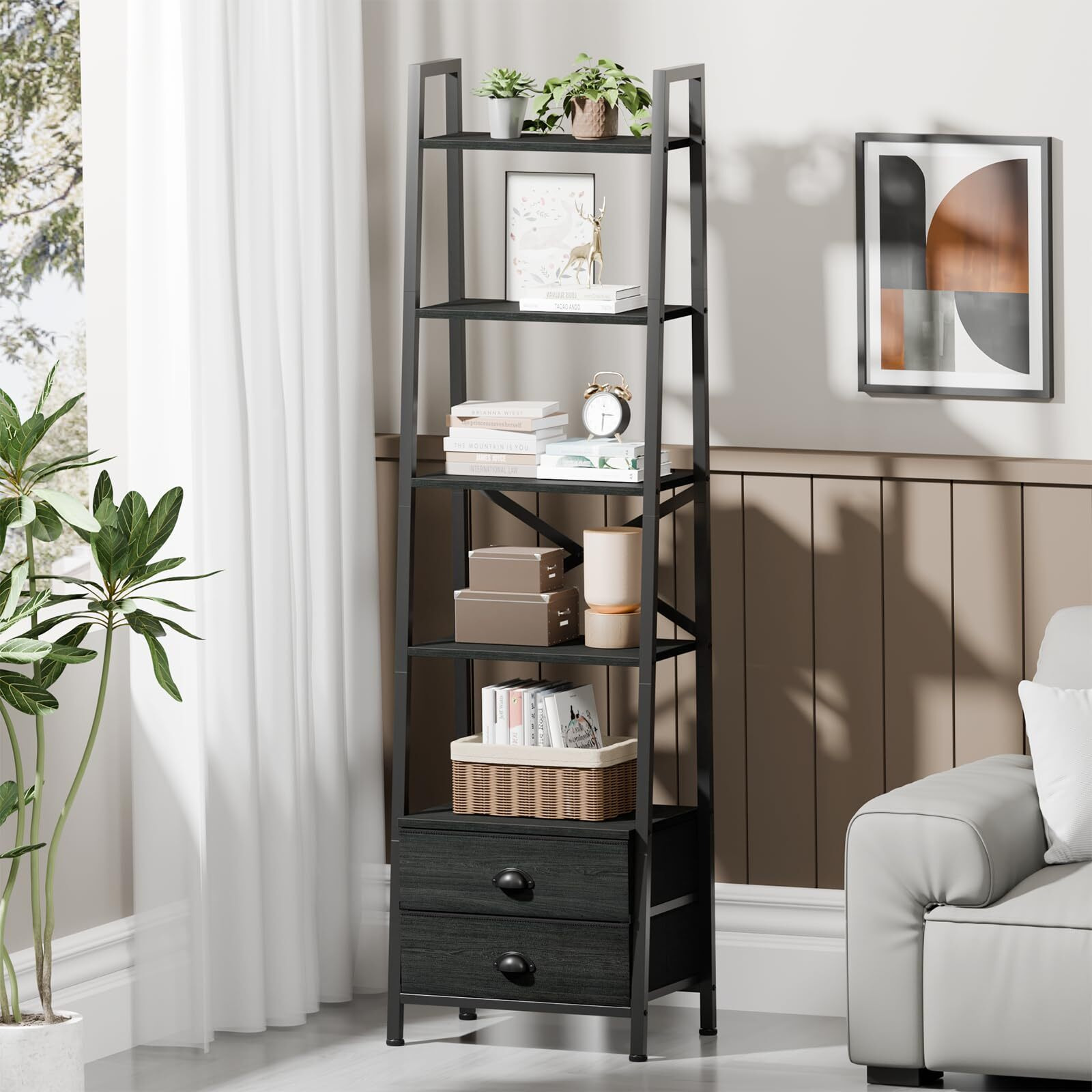 Furologee 5-Tier Ladder Shelf With 2 Drawers,Narrow Bookshelf Storage Shelves,Industrial Bookcase Freestanding Shelf Units For Bedroom,Living Room,Bathroom,Home Office,Balcony,Wood Metal, Black Oak