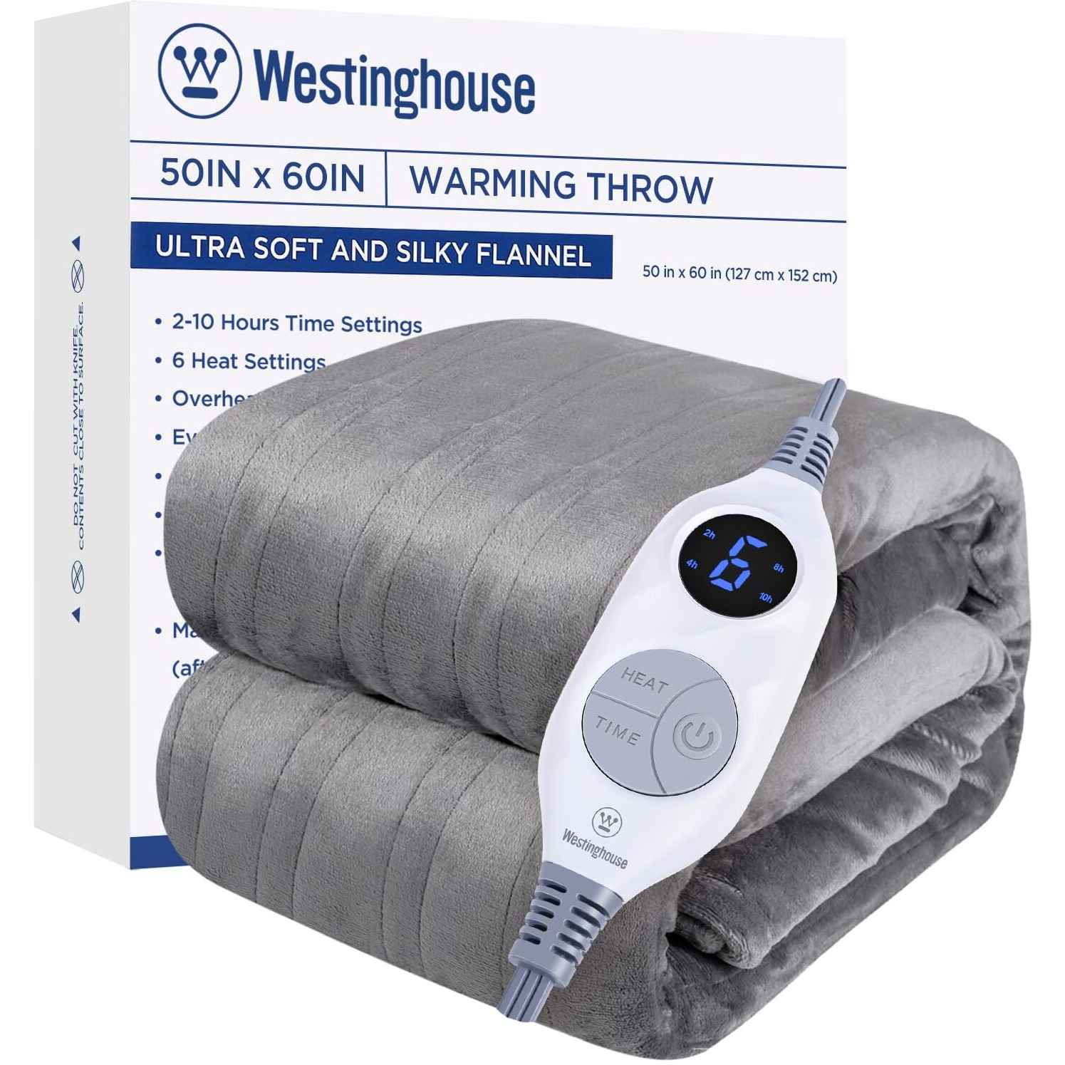 Westinghouse Electric Blanket Heated Throw, Super Cozy Soft Flannel 50" X 60" Heated Throw With 6 Fast Heating Levels & 2-10 Auto-Off, Machine Washable, Etl&Fcc Certification, Light Grey