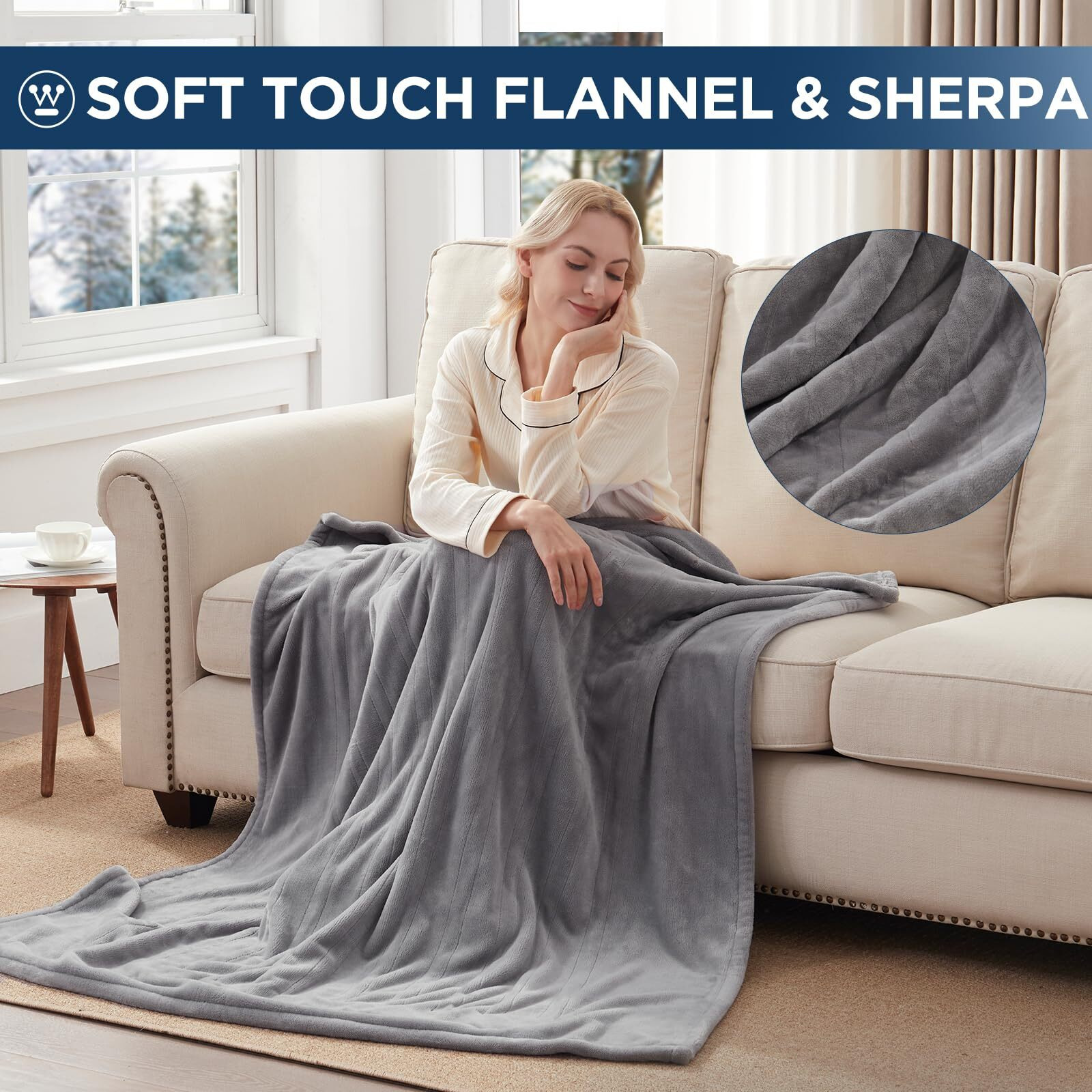 Westinghouse Electric Blanket Heated Throw, Super Cozy Soft Flannel 50" X 60" Heated Throw With 6 Fast Heating Levels & 2-10 Auto-Off, Machine Washable, Etl&Fcc Certification, Light Grey