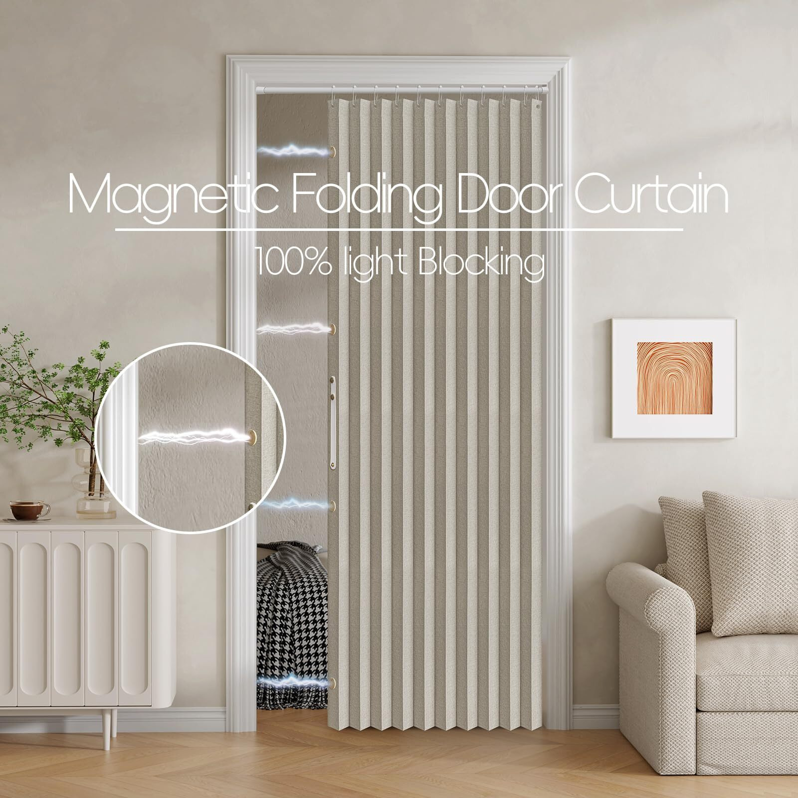 Jilron 100% Blackout Fabric Folding Door Curtain With Magnetic Closure - Accordion Style For Sliding Doors, Closets,Wardrobe And Temporary Door Solutions Doorway Curtains(W42 X L78, Off White 1 Panel)