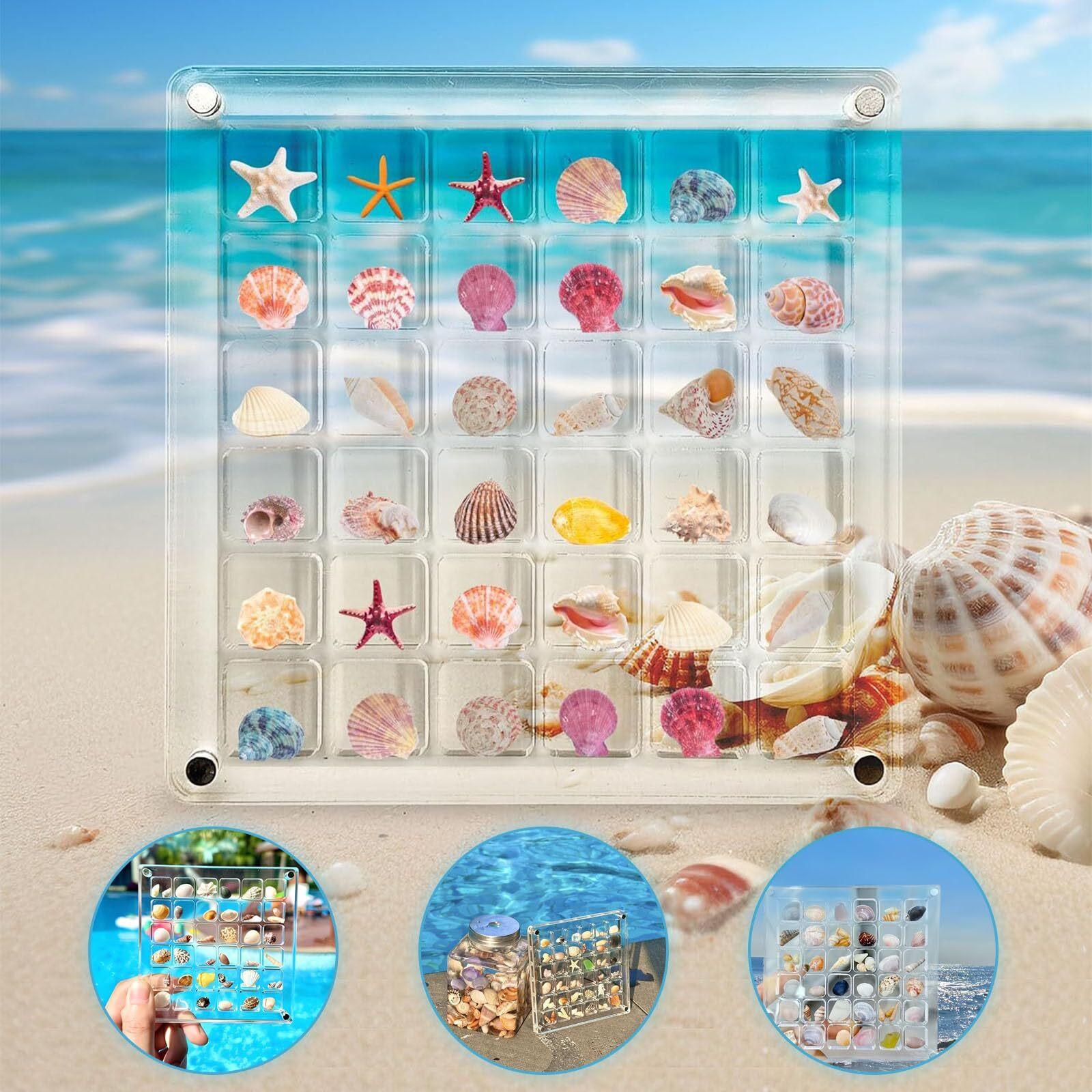 Artlunar 36 Grids Square Clear Acrylic Shadow Boxes Mini Seashell Collection Display Box Shell Display Cases