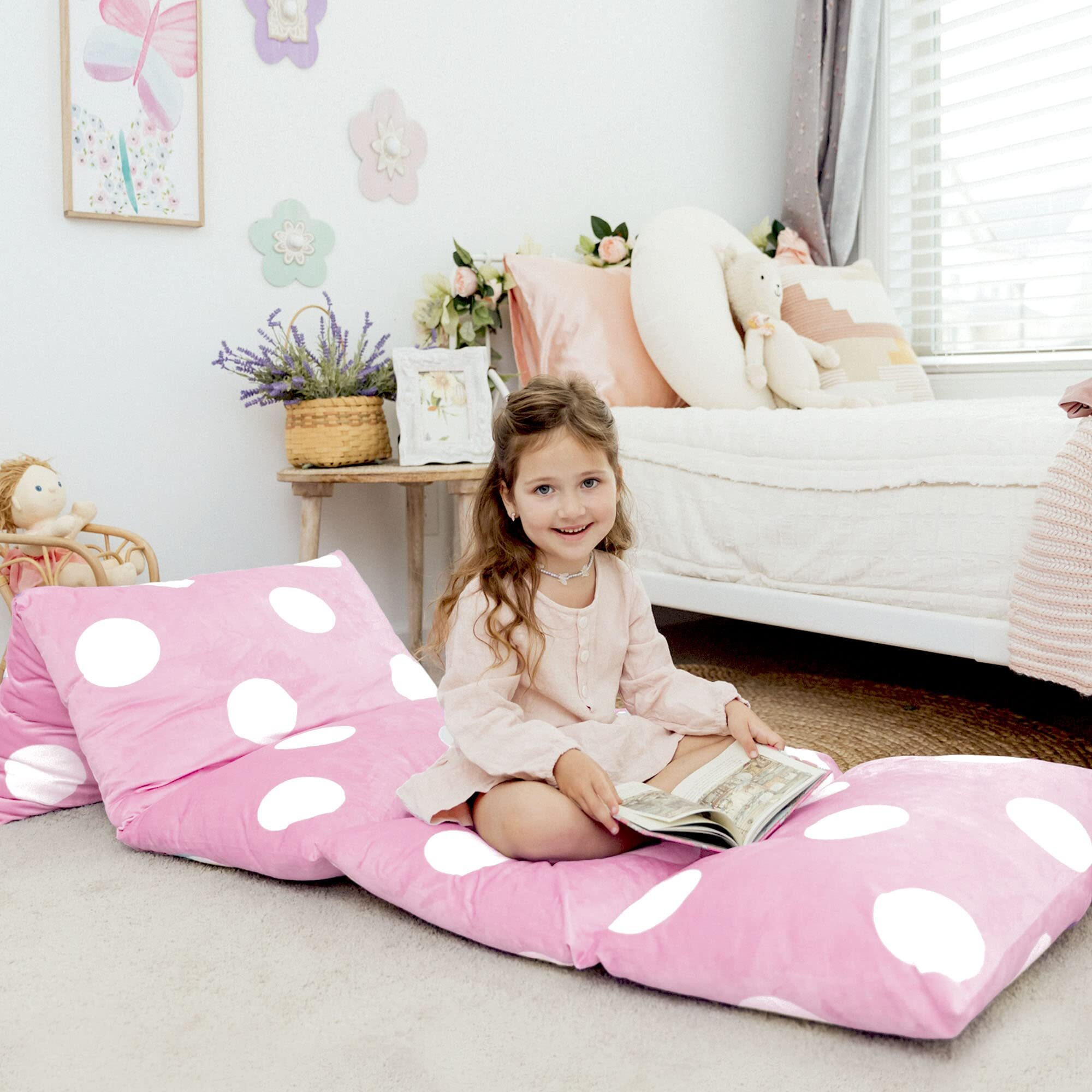 Butterfly Craze Floor Pillow Case, Mattress Bed Lounger Cover, Polka Pink, Queen Size - Cozy Seating Solution For Kids & Adults, Recliner Cushion, Perfect For Reading, Tv Time (Pillow Not Included)