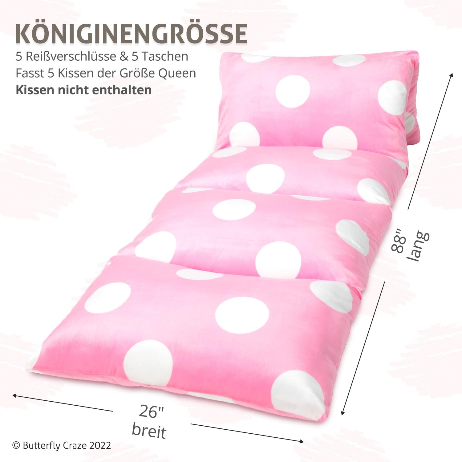 Butterfly Craze Floor Pillow Case, Mattress Bed Lounger Cover, Polka Pink, Queen Size - Cozy Seating Solution For Kids & Adults, Recliner Cushion, Perfect For Reading, Tv Time (Pillow Not Included)