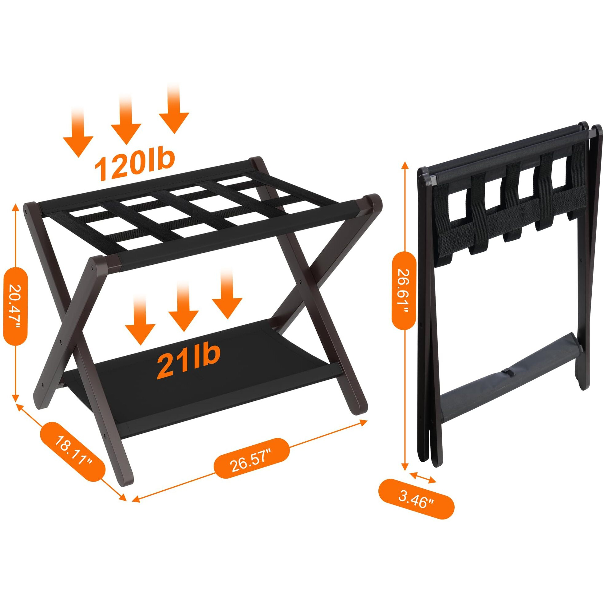 Heybly Luggage Rack, Folding Suitcase Stand With Storage Shelf, Heavy-Duty Luggage Holder For Guest Room Bedroom Hotel, Holds Up To 141 Lb, Black, Hlr010Z1